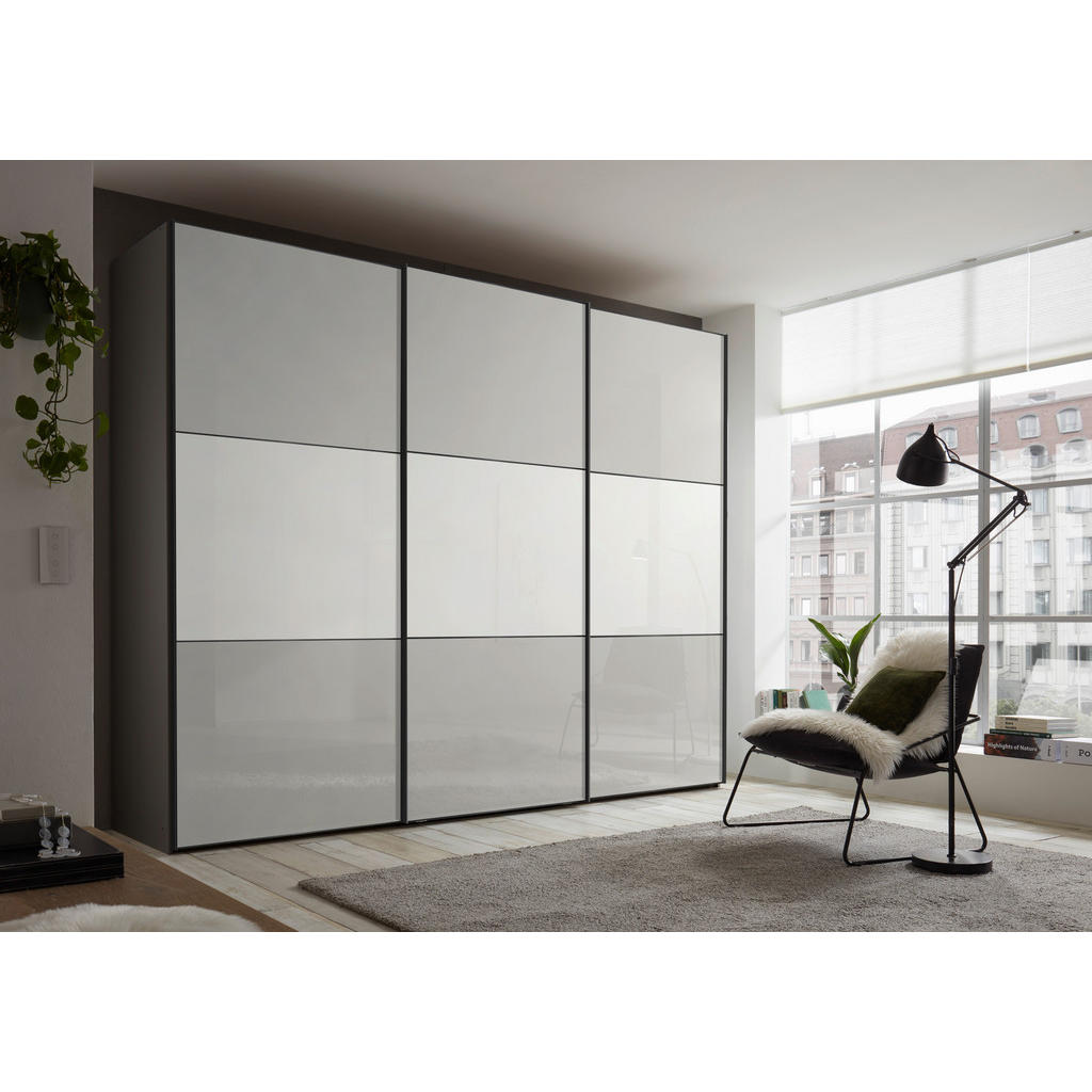 Schwebetürenschrank Mit Glasfront 249cm, Weiß/hellgrau