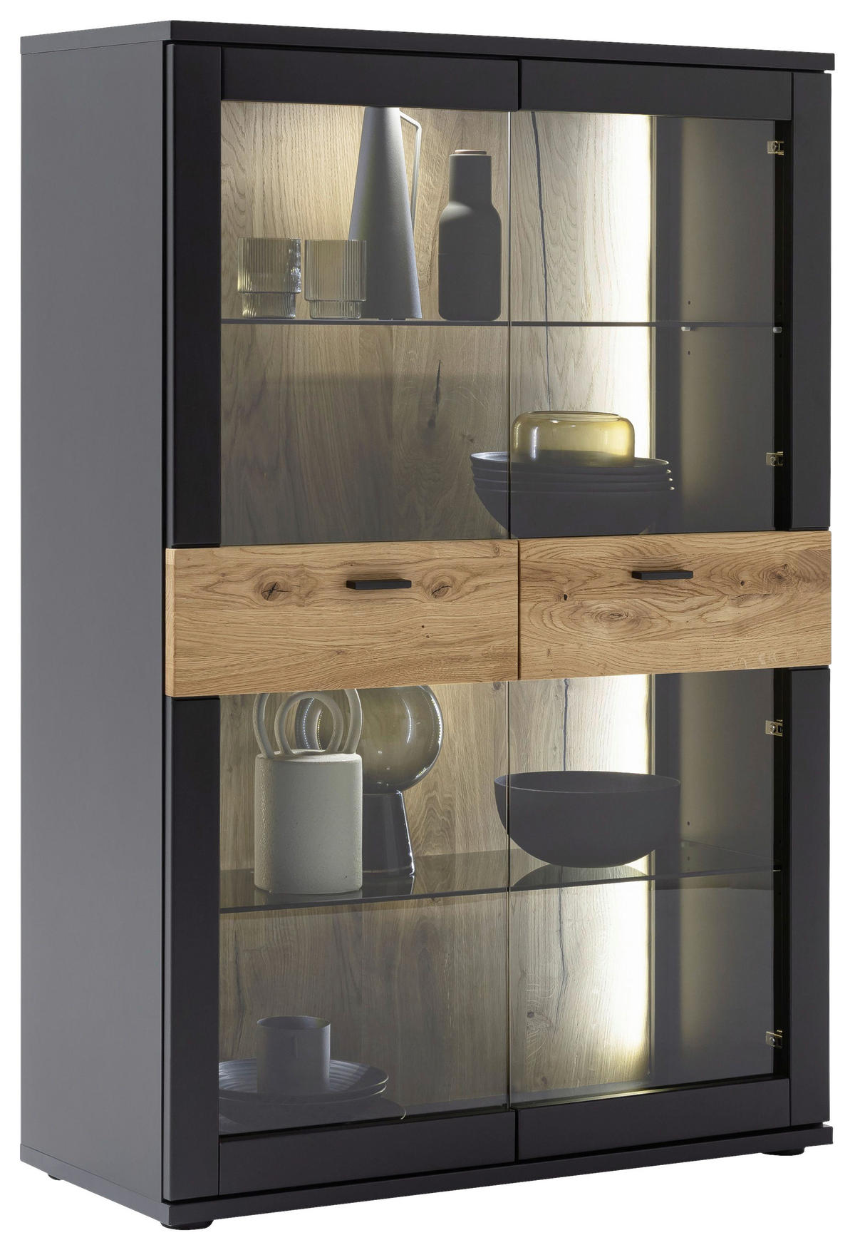 HIGHBOARD Grau, Schwarz, Eichefarben  90/134/37 cm  - Eichefarben/Anthrazit, Design, Glas/Holzwerkstoff (90/134/37cm) - Novel