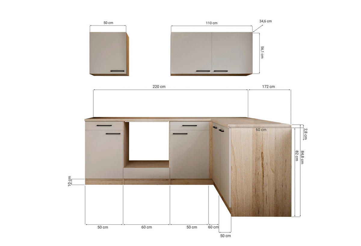 ECKKÜCHE Merle 220/172 cm  in Kaschmir  - Kaschmir/Eichefarben, Trend, Holzwerkstoff/Metall (220/172cm) - Respekta