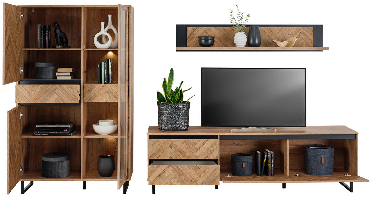 TV-ELEMENT - Eichefarben/Schwarz, KONVENTIONELL, Holzwerkstoff/Metall (186,4/53,8/42cm) - Hom`in