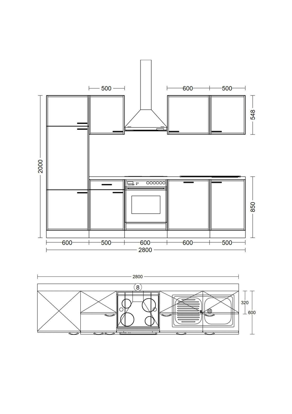 KÜCHENBLOCK 280 cm  in Eichefarben, Magnolie  - Eichefarben/Magnolie, Trend, Holzwerkstoff/Metall (280cm) - FlexWell