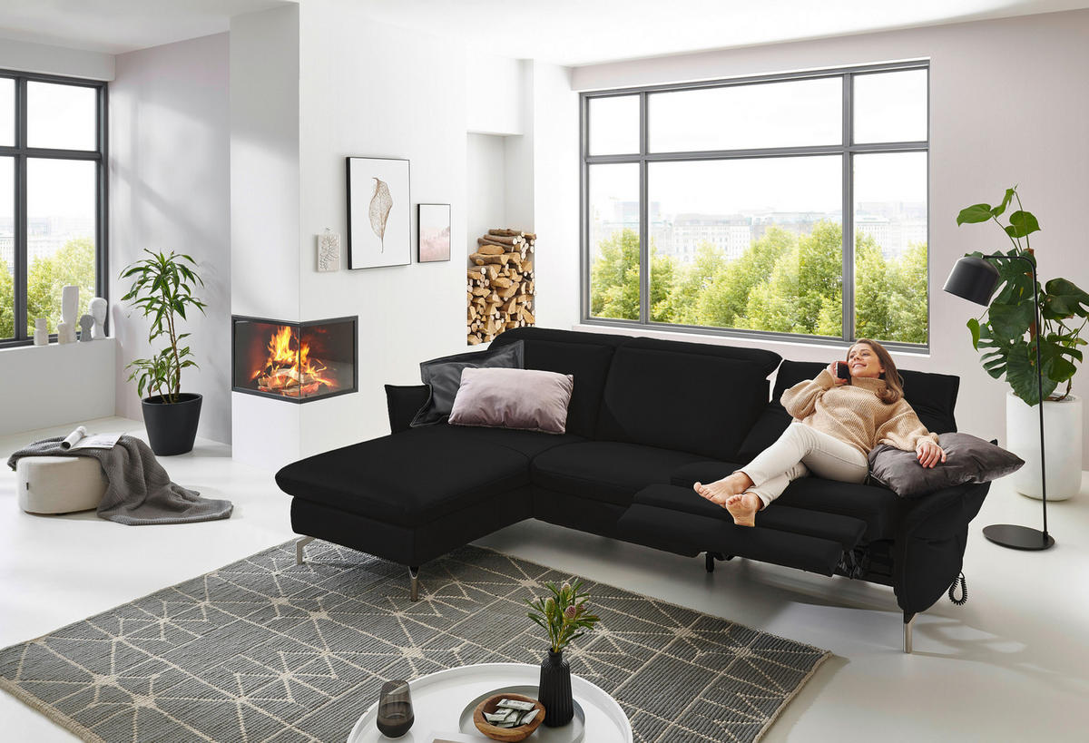 ECKSOFA in Lederlook (vegan) Schwarz  - Schwarz/Nickelfarben, Modern, Textil/Metall (179/233cm) - Livetastic