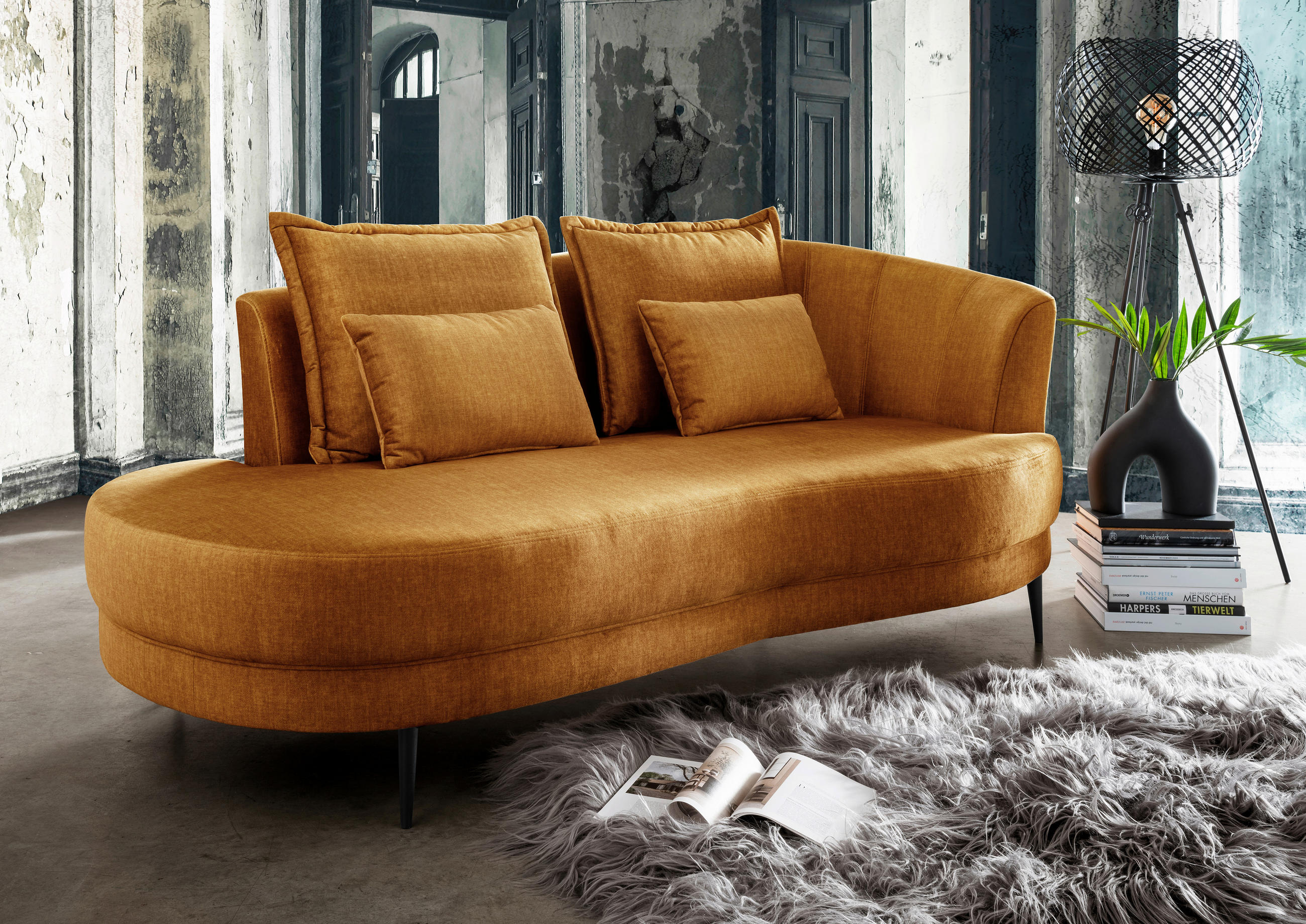 OTTOMANE in Velours Gelb  - Gelb/Schwarz, Modern, Textil/Metall (211/85/102cm) - Livetastic
