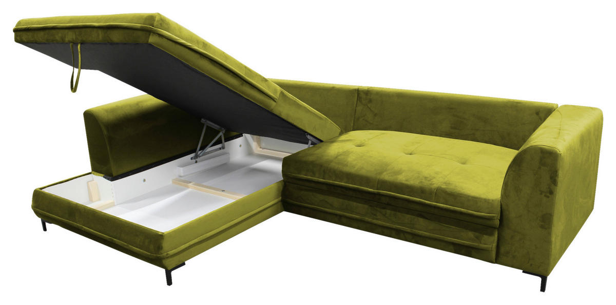 ECKSCHLAFSOFA  mit Rücken echt, Armteil links Velours Hellgrün  - Schwarz/Hellgrün, Design, Textil/Metall (187/277cm) - Livetastic