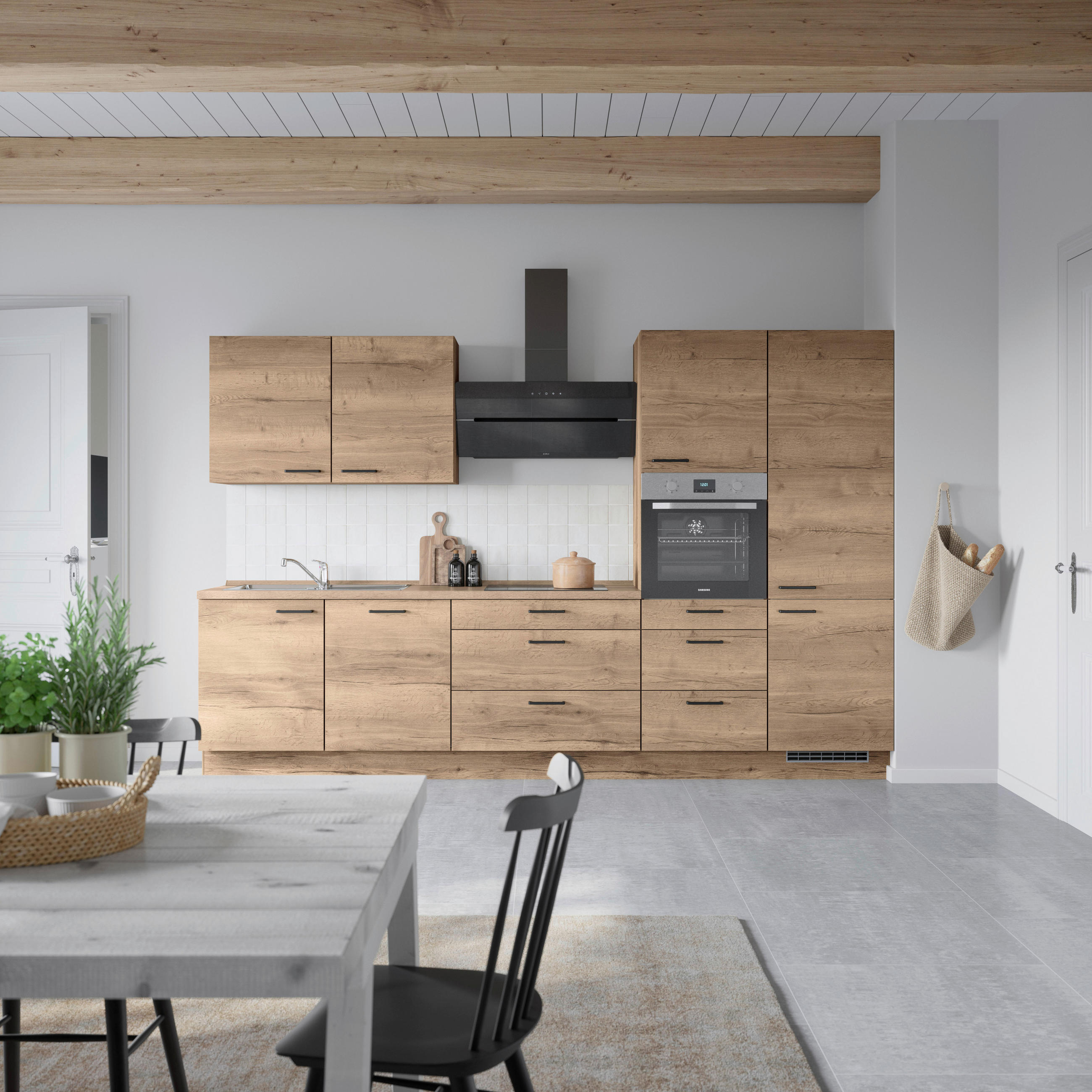 KÜCHENBLOCK 330 cm   in Eiche dunkel  - Eiche dunkel/Schwarz, MODERN, Holzwerkstoff/Metall (330cm) - Nobilia