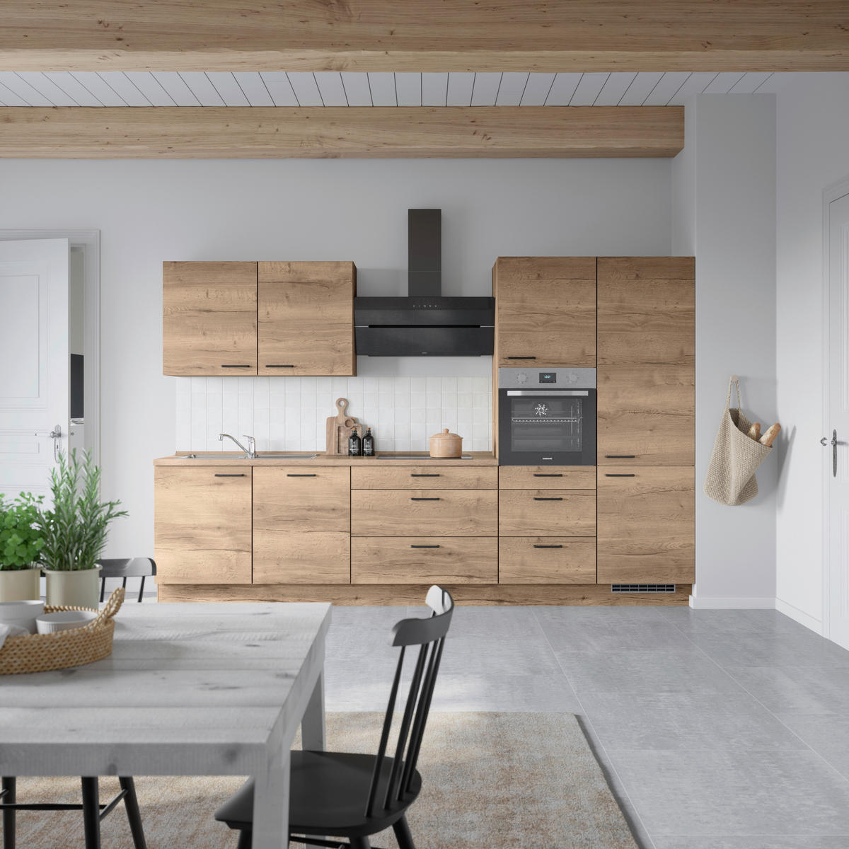 Bucătărie Fără Electrocasnice  - stejar închis la culoare/negru, Modern, metal/material pe bază de lemn (330cm) - Nobilia