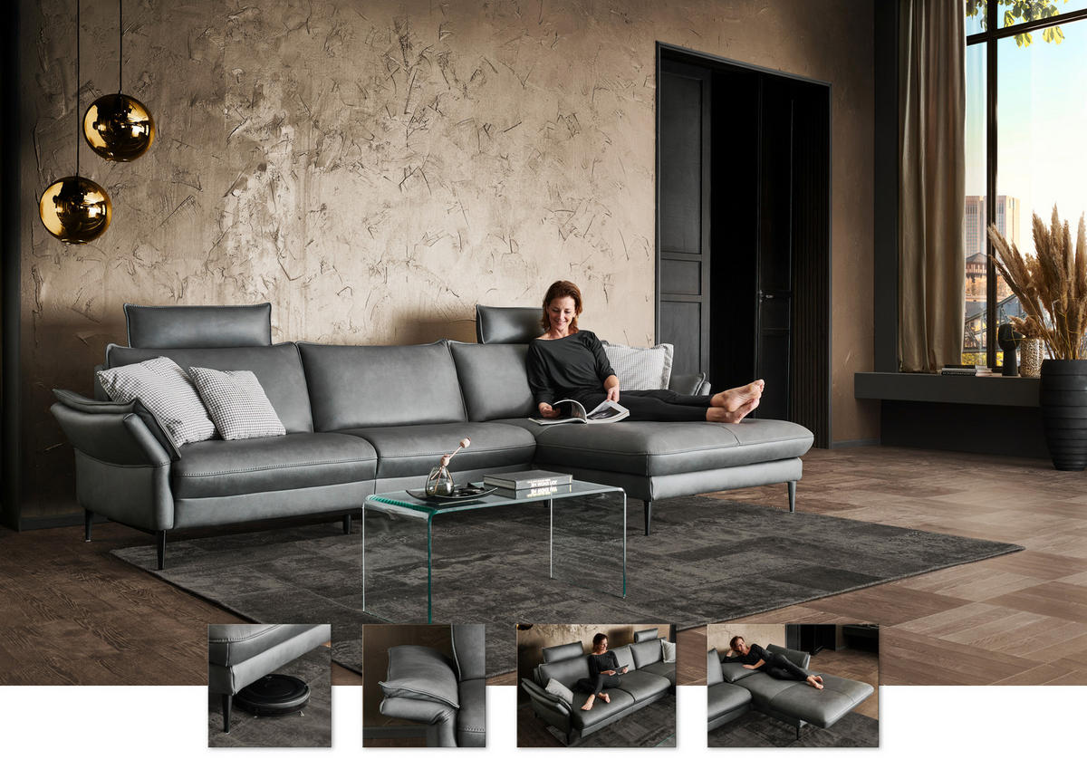 ECKSOFA in Echtleder Anthrazit  - Anthrazit/Schwarz, Design, Leder/Metall (334/172cm) - Hukla