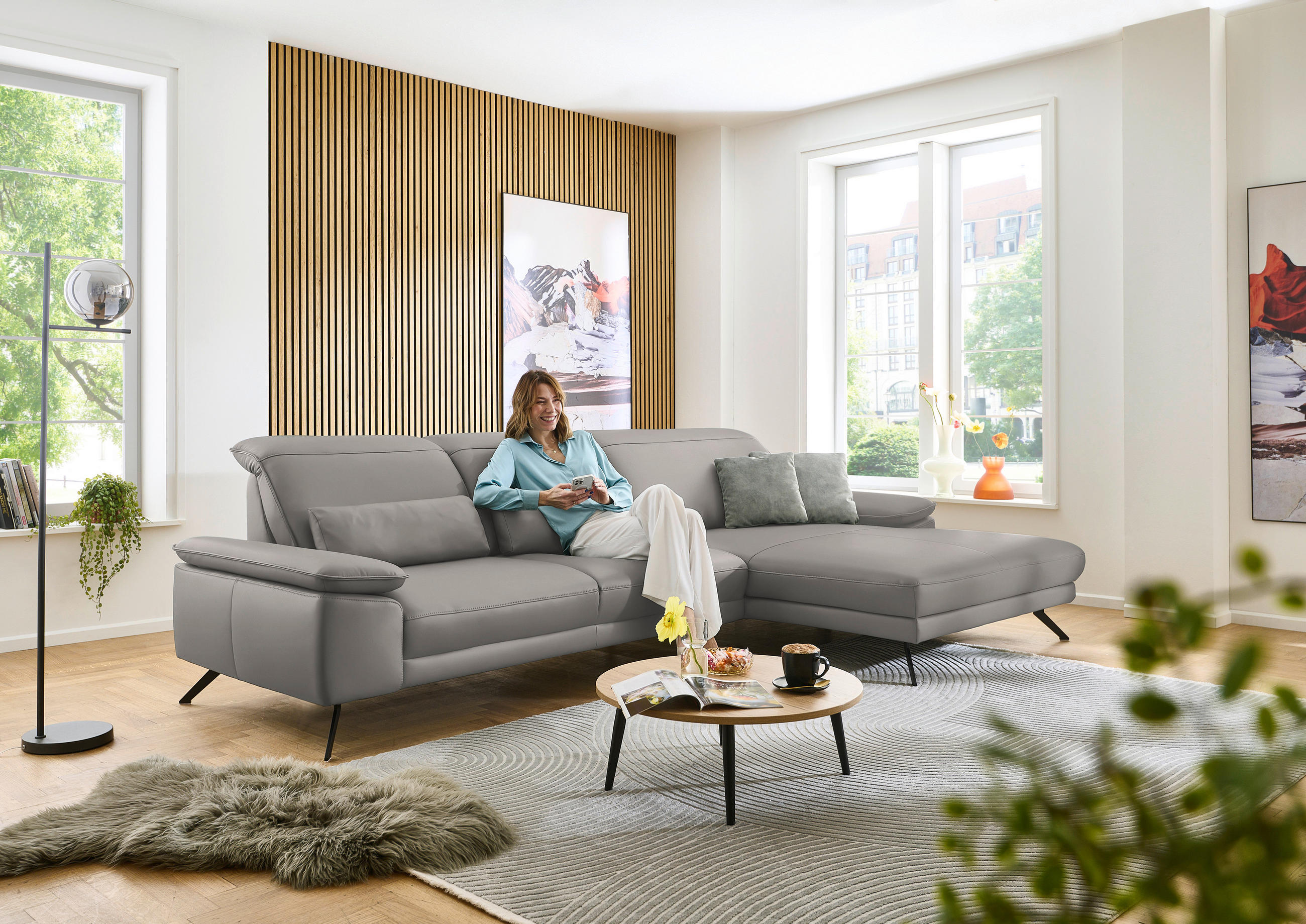 ECKSOFA in Echtleder Hellgrau  - Hellgrau/Schwarz, Design, Leder/Metall (332/193cm) - Dieter Knoll