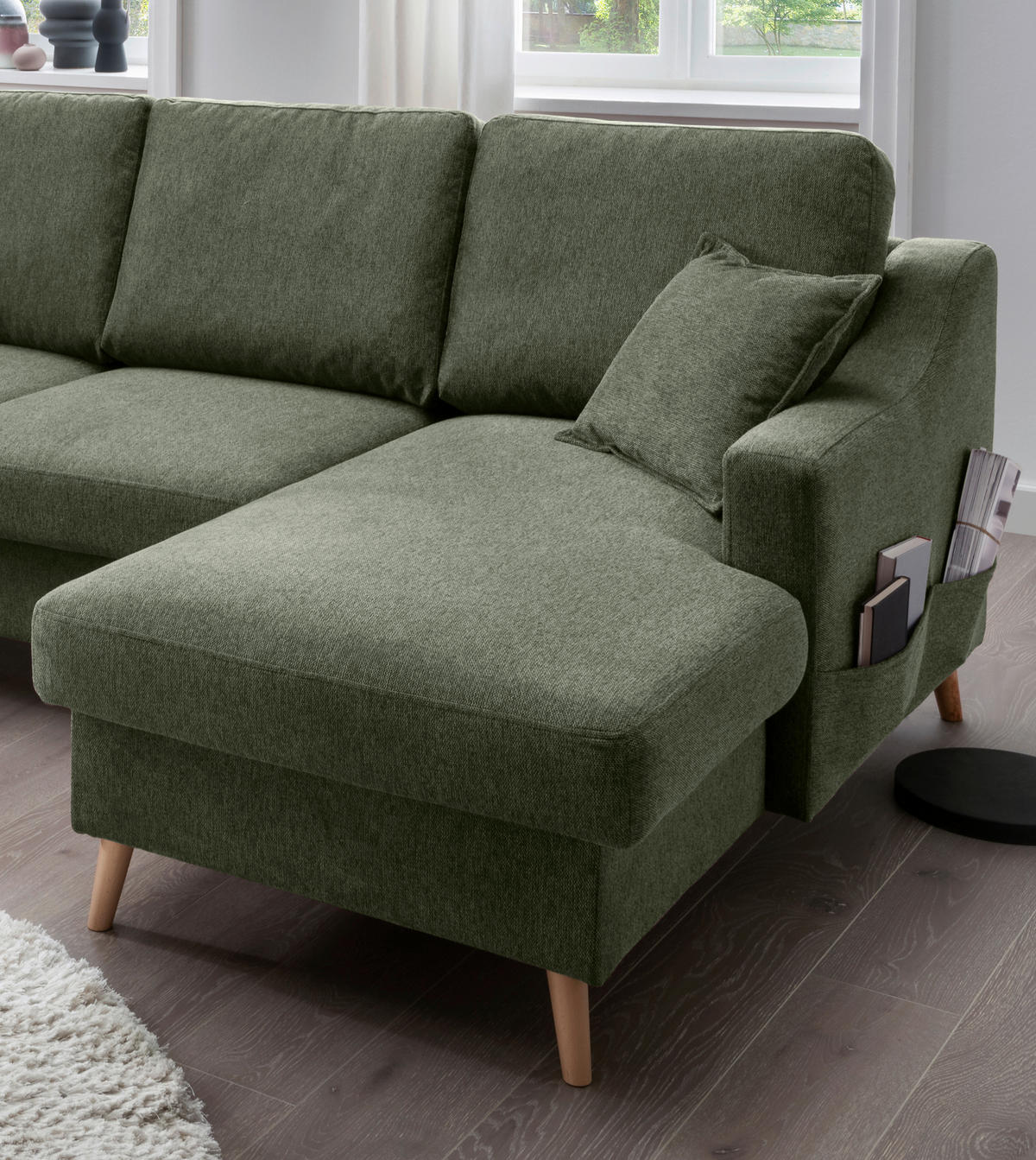 WOHNLANDSCHAFT in Chenille Dunkelgrün  - Dunkelgrün/Naturfarben, Konventionell, Holz/Textil (200/301/150cm) - Livetastic
