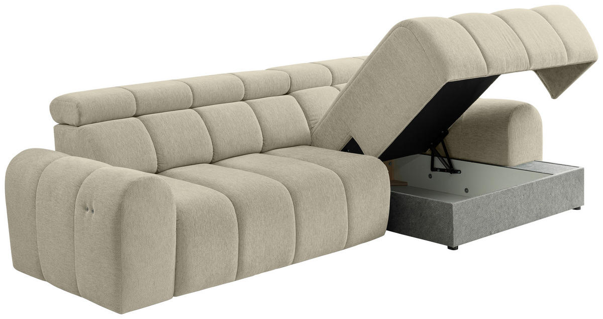 ECKSOFA Beige Chenille Bettkasten, Rücken echt, Kopfteilverstellung, Sitzvorzug  - Beige/Schwarz, Design, Kunststoff/Textil (290/152cm) - Stylife