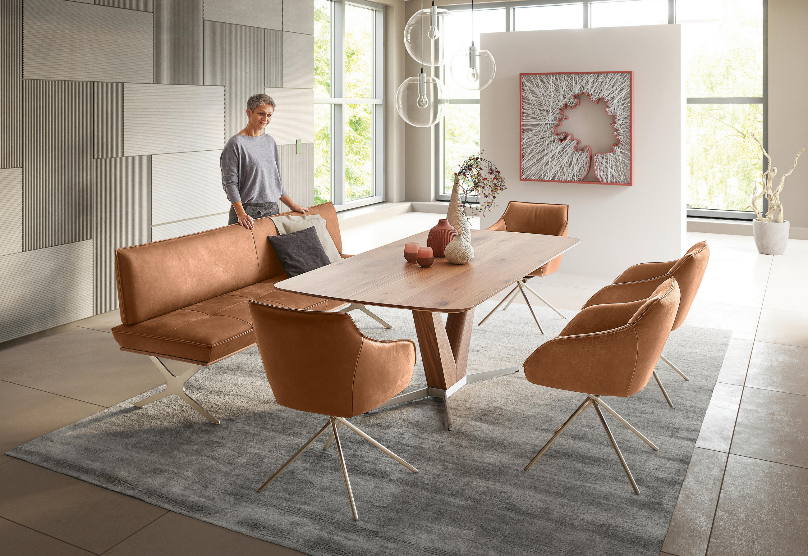 SITZBANK 214/88/66 cm Echtleder Edelstahlfarben, Cognac Nussbaum furniert Metall  - Edelstahlfarben/Cognac, Design, Leder/Holz (214/88/66cm) - Koinor