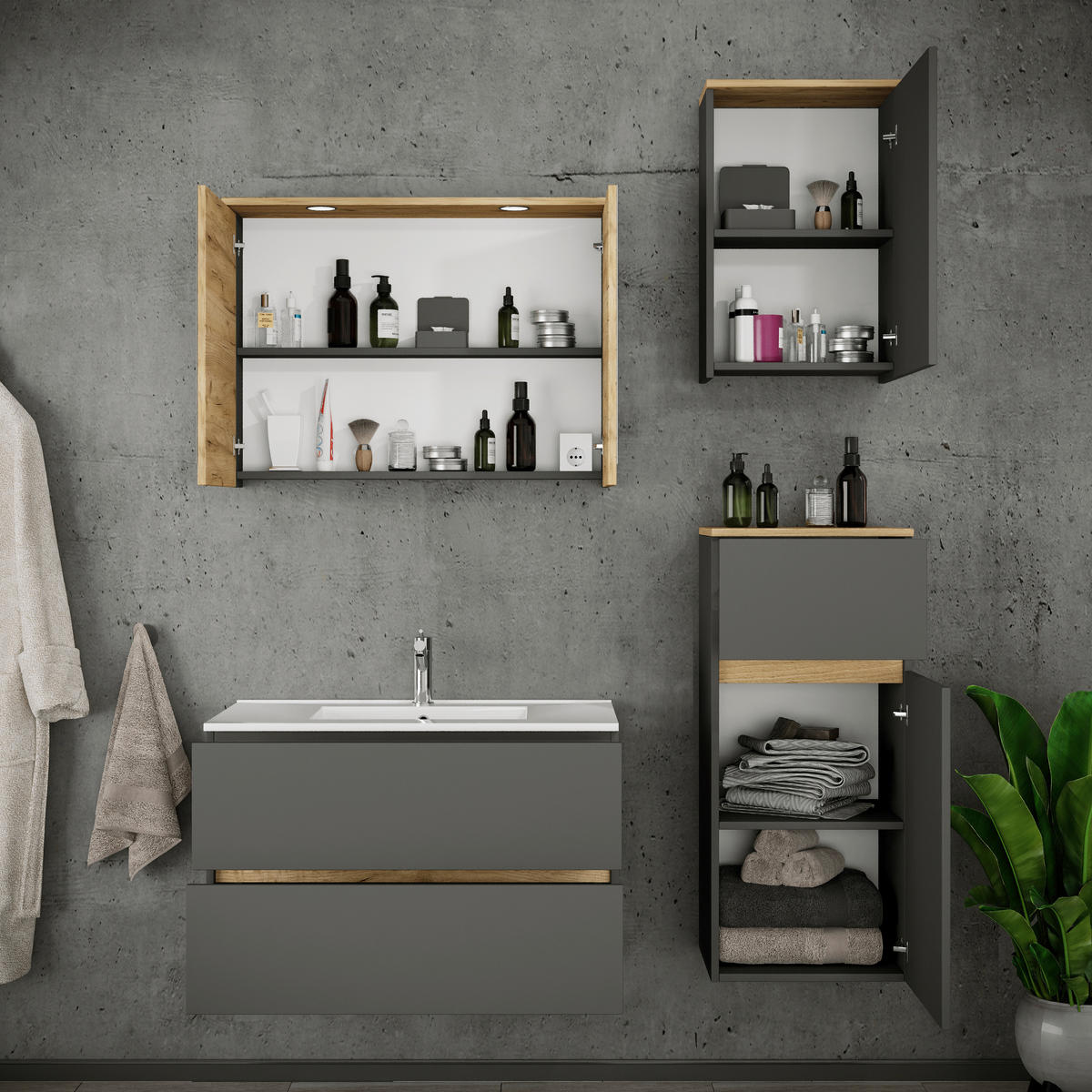 BADEZIMMER 5-teilig  in 121 cm  - Honigeiche/Anthrazit, Trend, Keramik/Holzwerkstoff (121cm) - MID.YOU