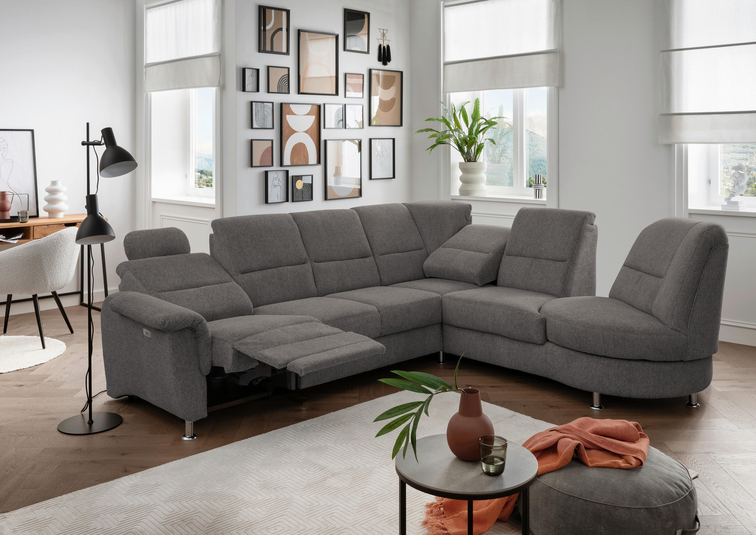 ECKSOFA in Chenille Graubraun  - Chromfarben/Graubraun, Modern, Textil/Metall (275/236cm) - Livetastic