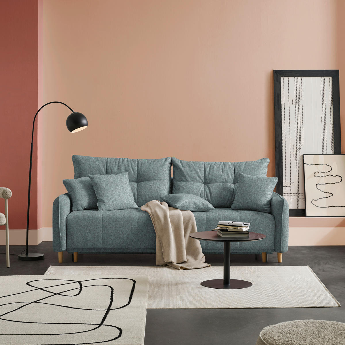 SCHLAFSOFA  in Chenille Mintgrau  - Mintgrau/Buchefarben, Design, Holz/Textil (217/97/101cm) - Carryhome