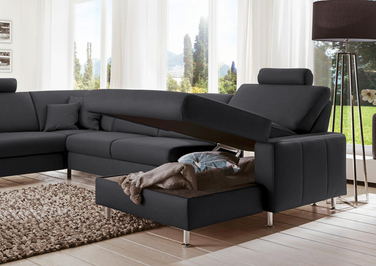 WOHNLANDSCHAFT in Echtleder Anthrazit  - Anthrazit/Alufarben, Design, Leder/Metall (233/339/165cm) - Beldomo Premium