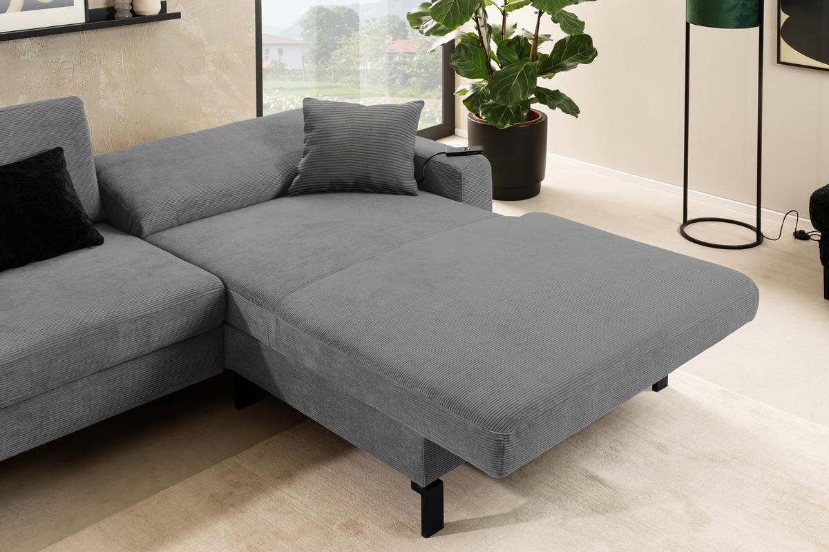 ECKSOFA in Cord Grau  - Schwarz/Grau, Design, Textil/Metall (298/185cm) - Pure Home Lifestyle