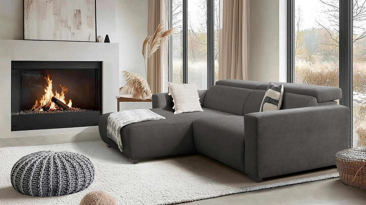ECKSOFA RENO Grau Cord Relaxfunktion, Kopfteilverstellung  - Schwarz/Grau, Design, Kunststoff/Textil (184/248cm) - Livetastic