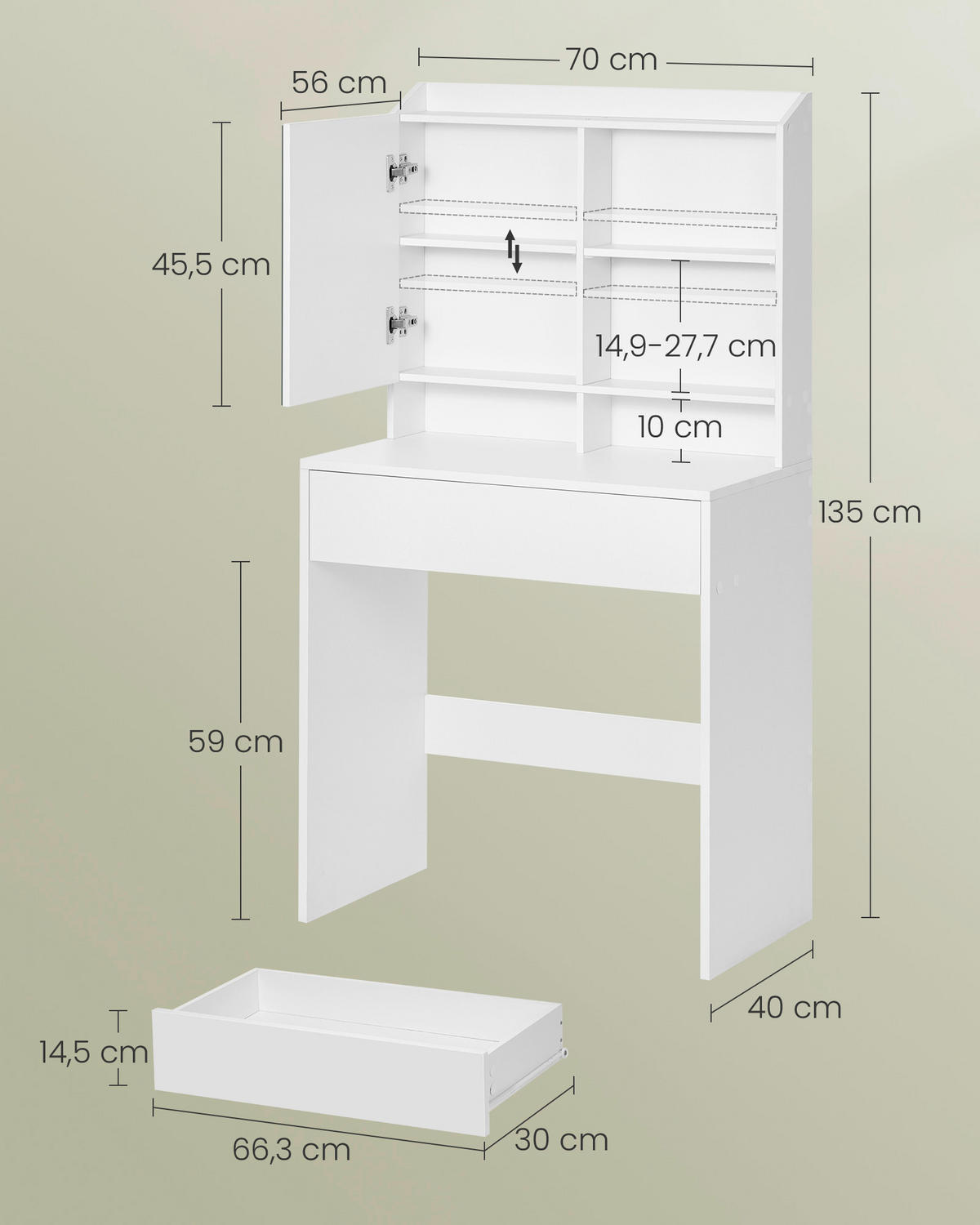 TOALETNÝ STOLÍK, biela, 70/40/136 cm - biela, Basics, kompozitné drevo (70/40/136cm) - Boxxx