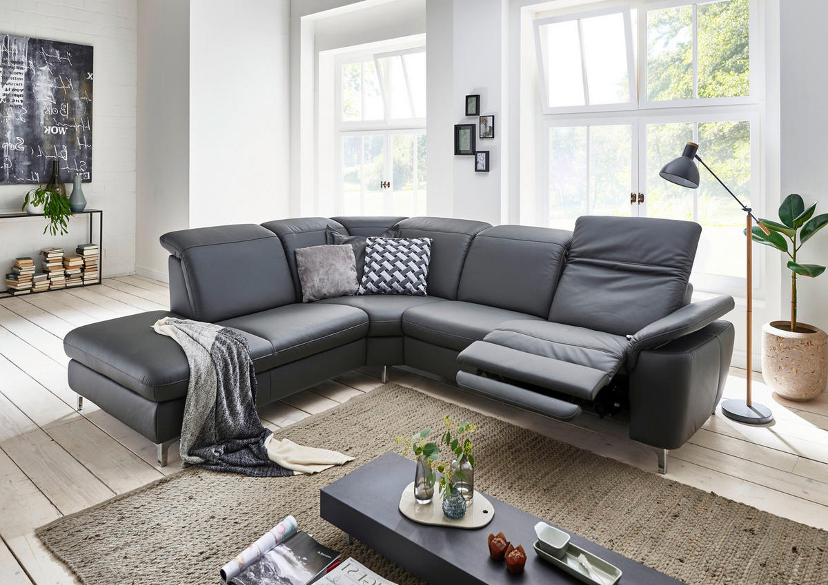 ECKSOFA Anthrazit Echtleder  - Chromfarben/Anthrazit, KONVENTIONELL, Leder/Metall (242/289cm) - Cantus