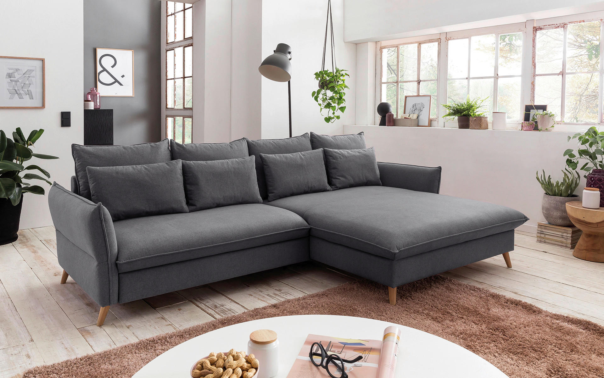 ECKSCHLAFSOFA in Flachgewebe Grau  - Buchefarben/Grau, Design, Holz/Textil (274/170cm) - Livetastic