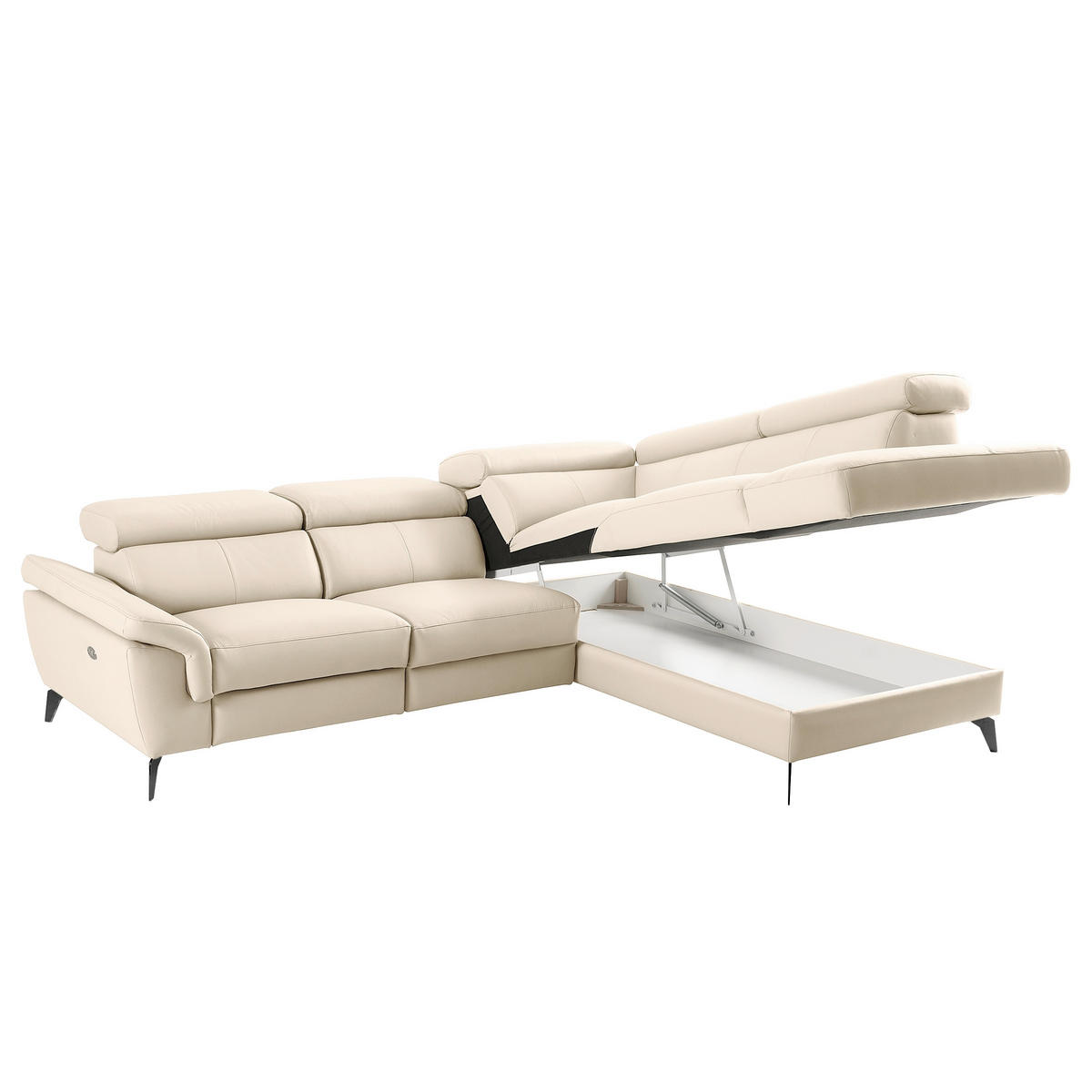 ECKSOFA SONO in Lederlook Echtleder Grau Bettkasten, Armteilverstellung, Kopfteilverstellung  265/210 cm  - Schwarz/Grau, Design, Leder/Textil (265/210cm) - Livetastic