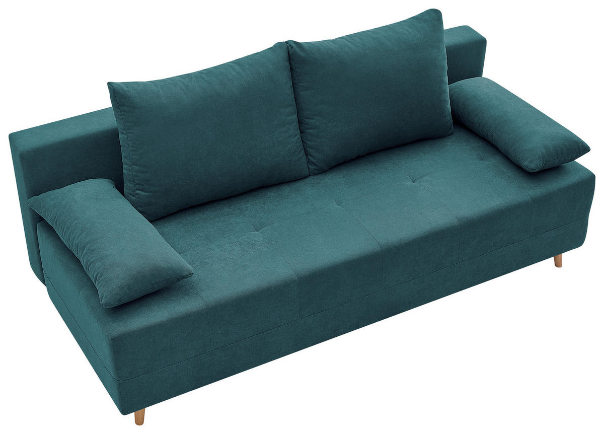 SCHLAFSOFA LUMOS Samt Petrol  inkl. Rückenkissen, Armlehnenkissen, Schlaffunktion, Rücken echt, Stauraum  - Petrol/Naturfarben, Design, Textil (206/96/96cm) - P & B