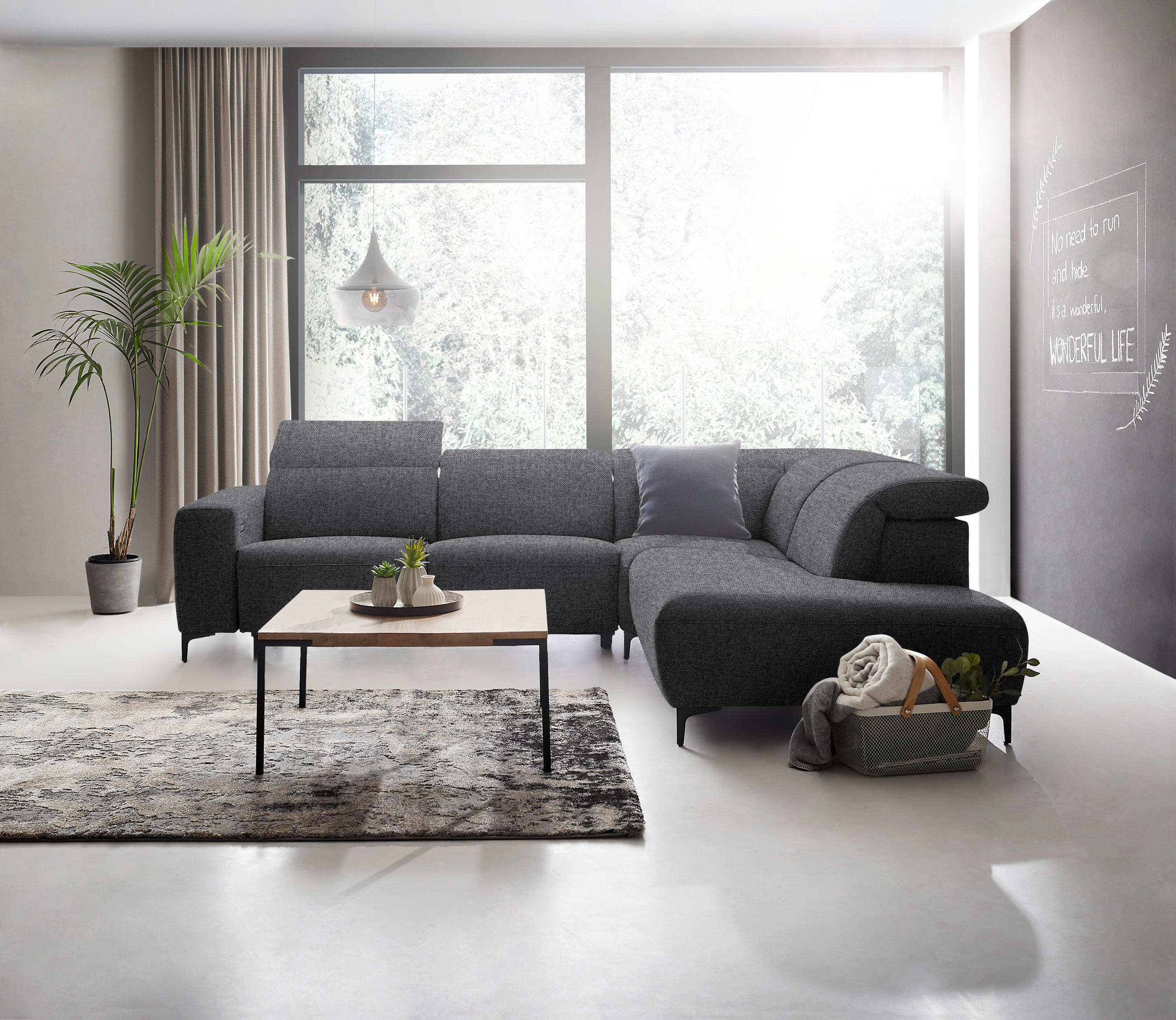 ECKSOFA Dunkelgrau Flachgewebe  - Dunkelgrau/Schwarz, Design, Textil/Metall (290/238cm) - Pure Home Lifestyle