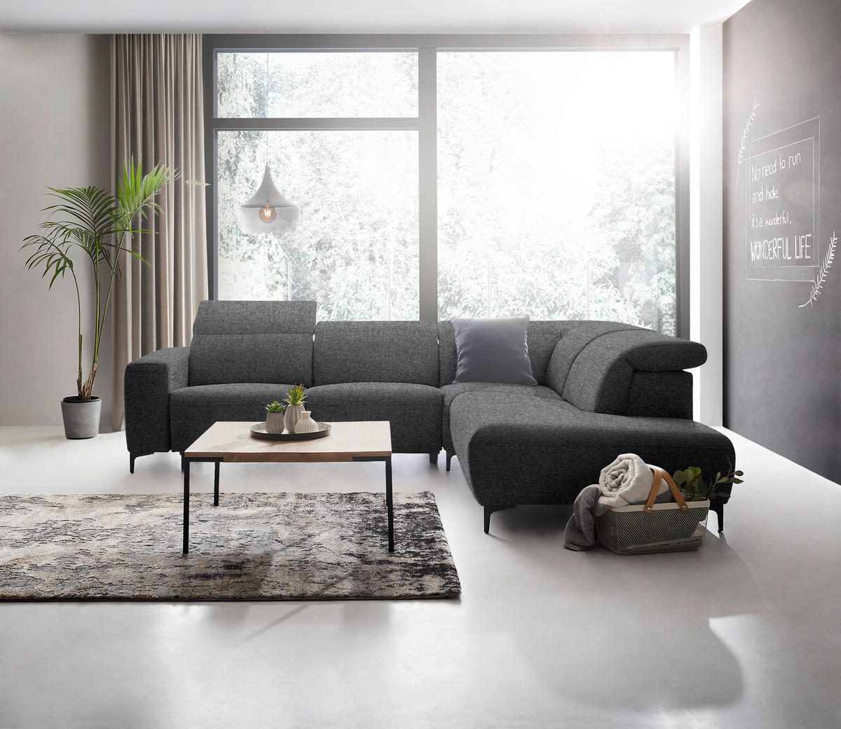 ECKSOFA Dunkelgrau Flachgewebe  - Dunkelgrau/Schwarz, Design, Textil/Metall (290/238cm) - Pure Home Lifestyle