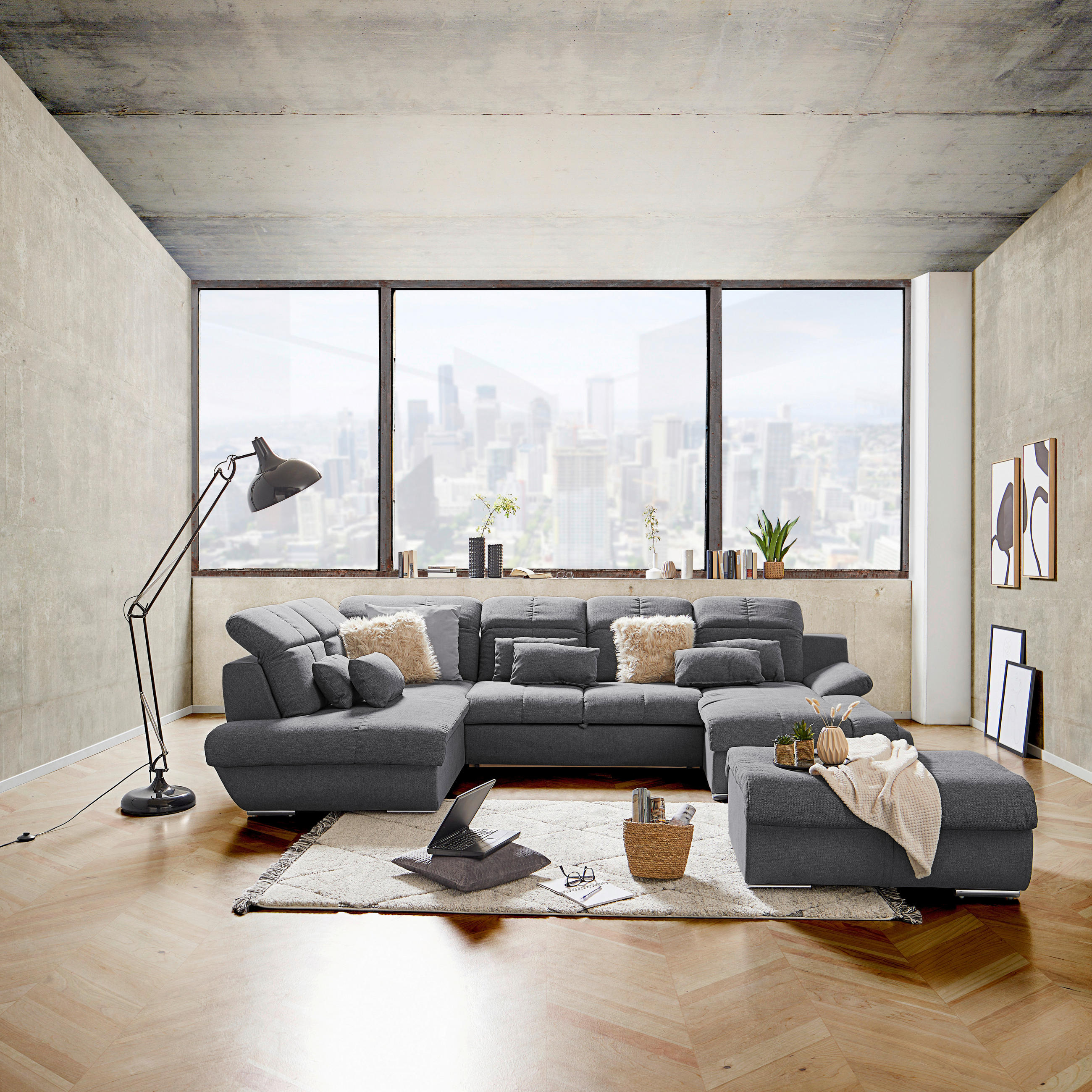 Thumbnail - Mid.you Wohnlandschaft, Dunkelgrau, Textil, 7-Sitzer, U-Form, 345x228 cm, Bettkasten erhältlich, Stoffauswahl, seitenver...