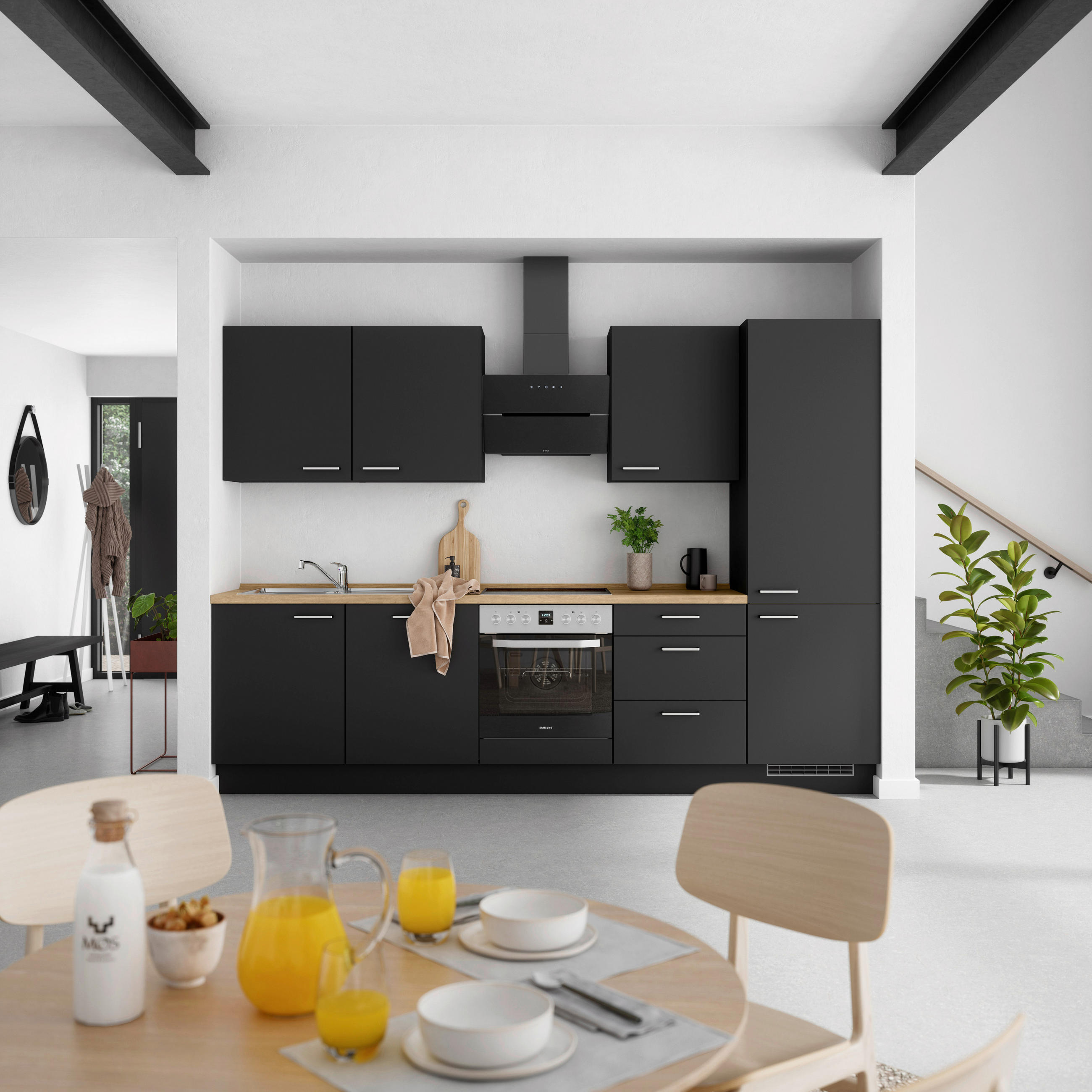 KÜCHENBLOCK 300 cm   in Schwarz, Eichefarben  - Edelstahlfarben/Eichefarben, MODERN, Holzwerkstoff/Metall (300cm) - Nobilia