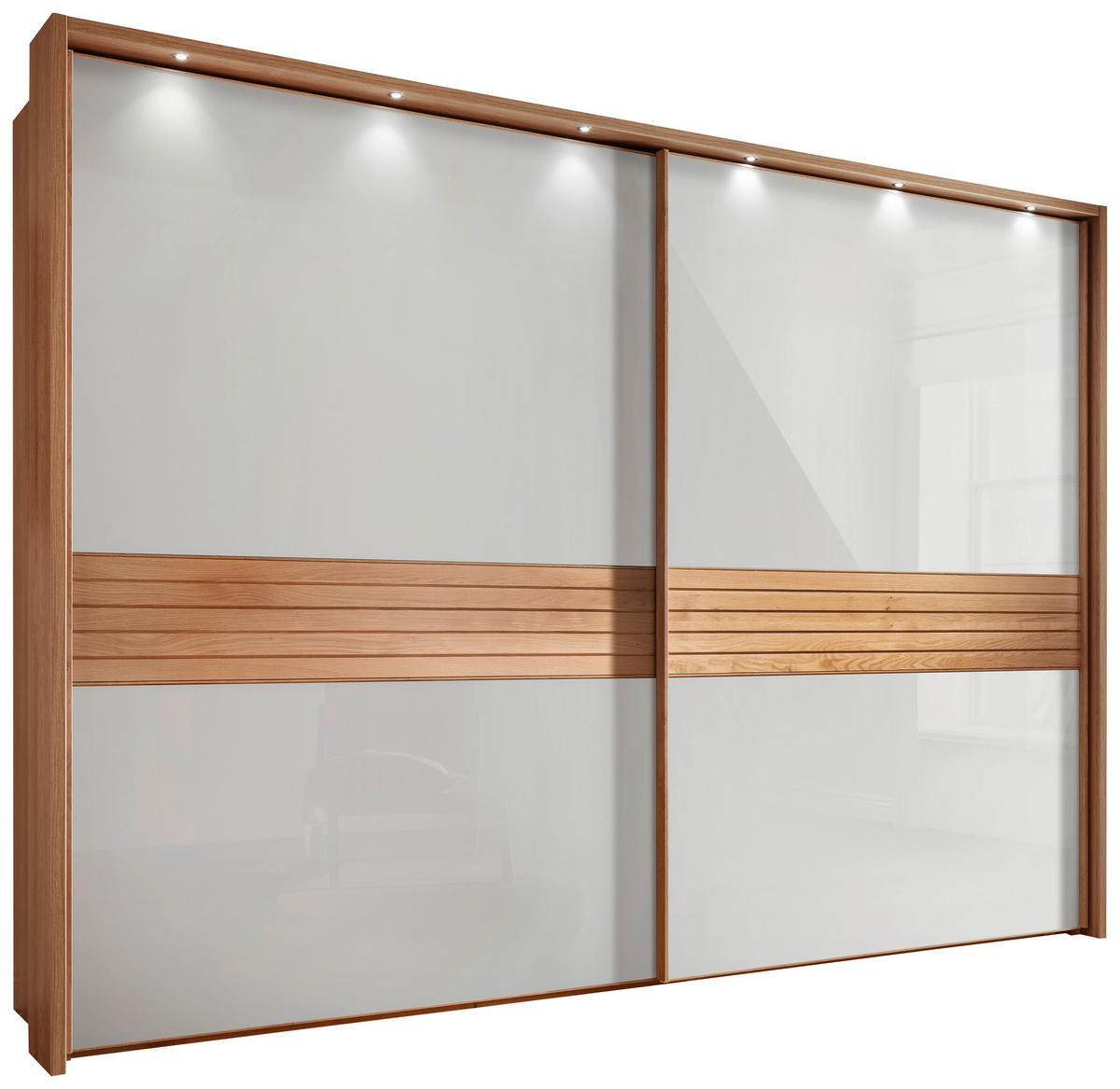 SCHWEBETÜRENSCHRANK in Weiss, Eichefarben  - Weiss/Eichefarben, Design, Glas/Holz (300/217/67cm) - Venda