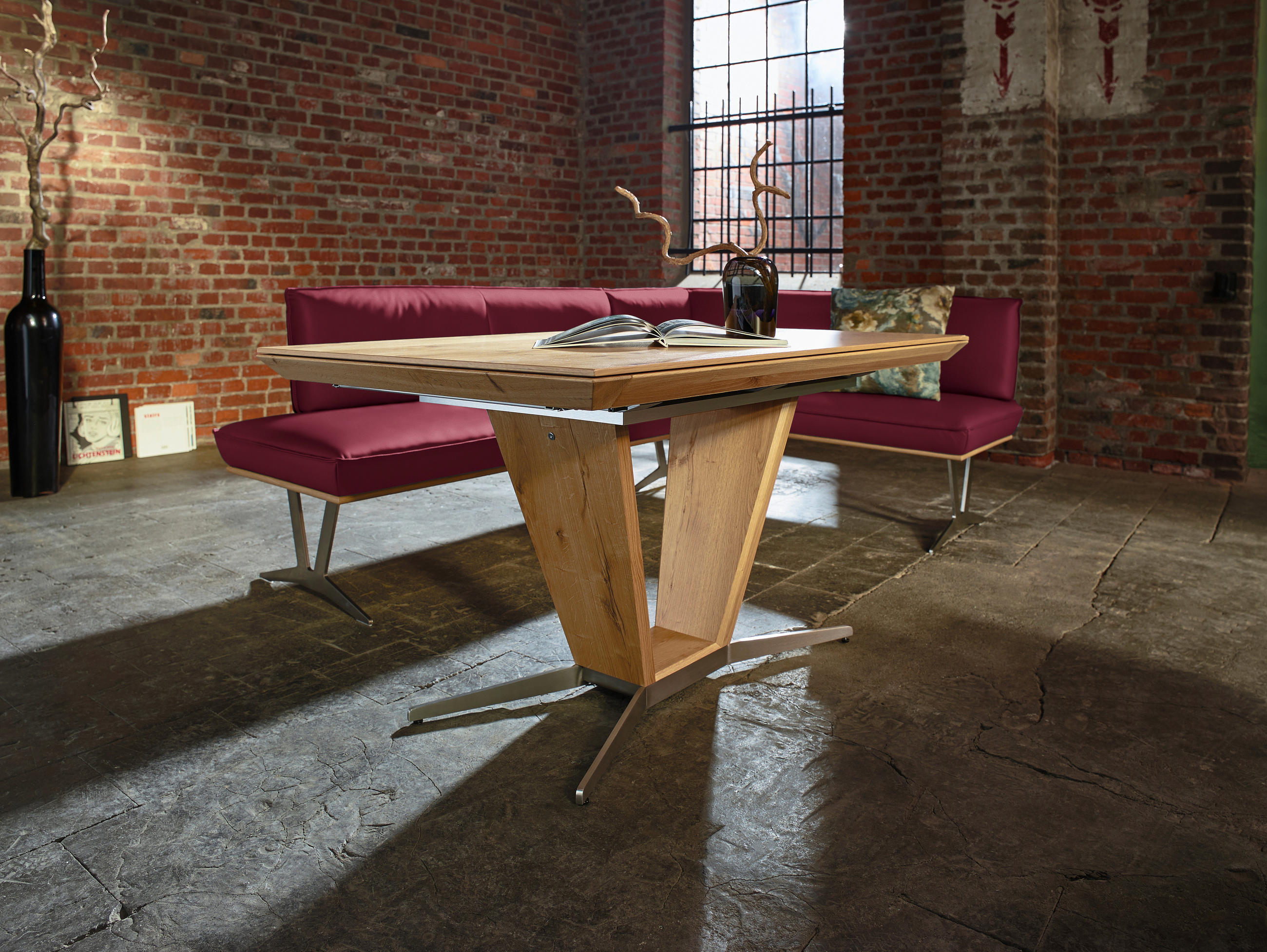 ECKBANK 257/162 cm  in Weinrot  - Edelstahlfarben/Beige, Design, Leder/Holz (257/162cm) - Ambiente