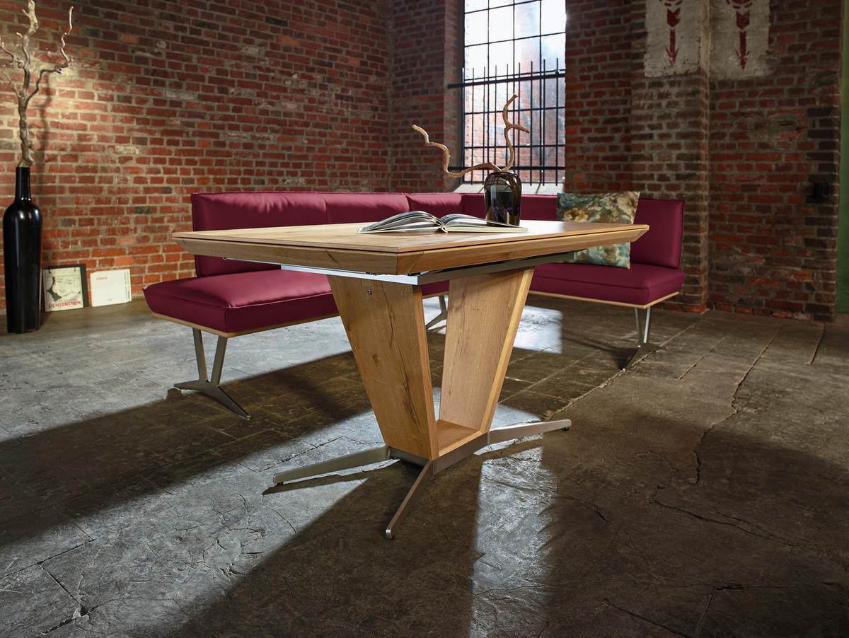ECKBANK in Holz, Metall, Leder Weinrot  - Edelstahlfarben/Beige, Design, Leder/Holz (257/162cm) - Ambiente