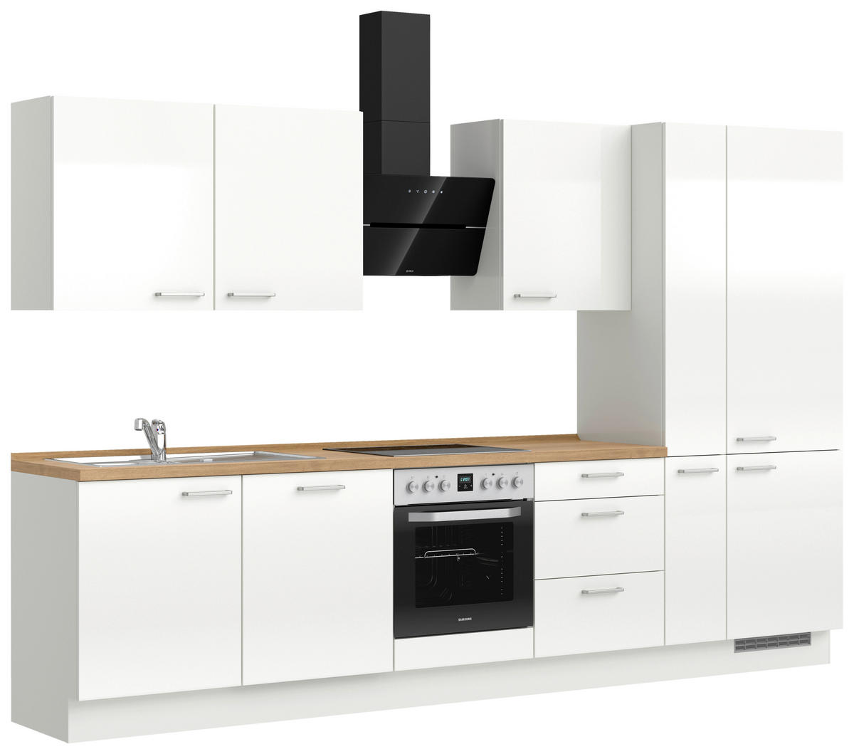 KÜCHENBLOCK 330 cm   in Eichefarben, Weiß Hochglanz  - Edelstahlfarben/Eichefarben, MODERN, Holzwerkstoff/Metall (330cm) - Nobilia