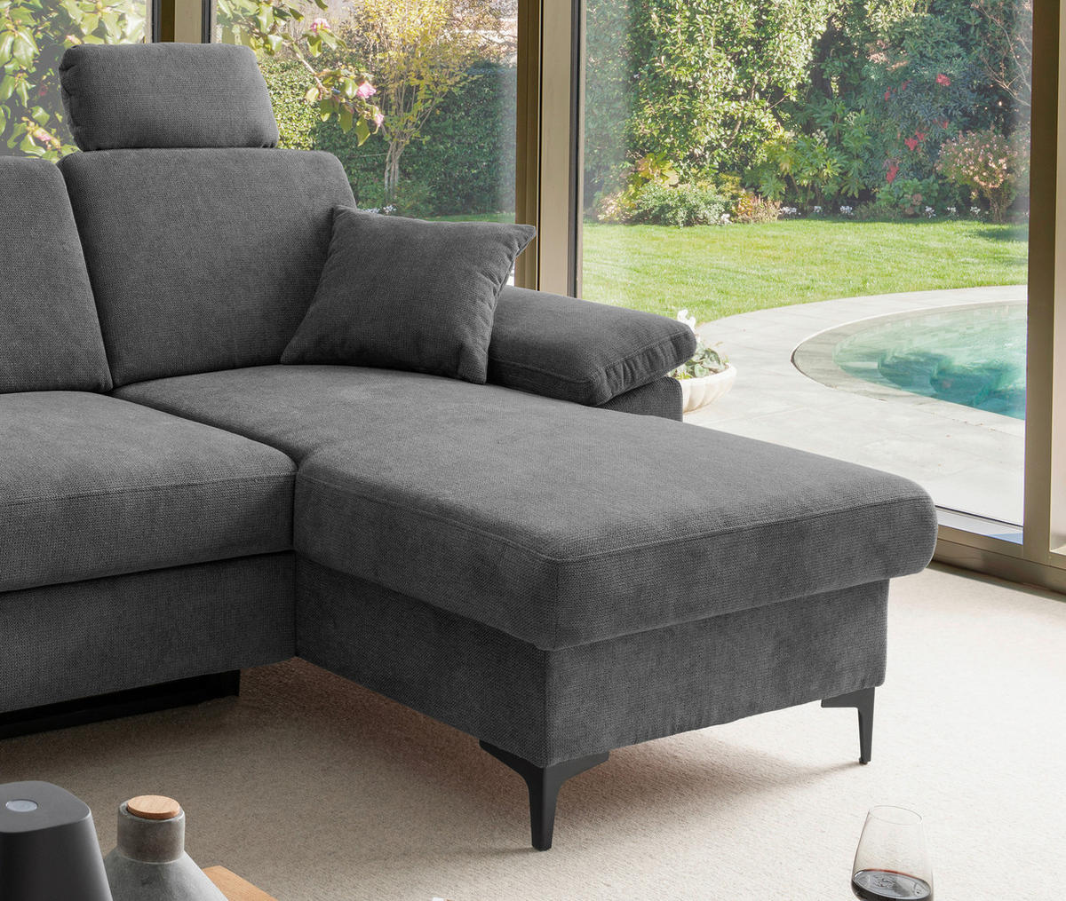 ECKSOFA Chenille Anthrazit  - Anthrazit/Schwarz, Konventionell, Textil/Metall (245/151cm) - Livetastic
