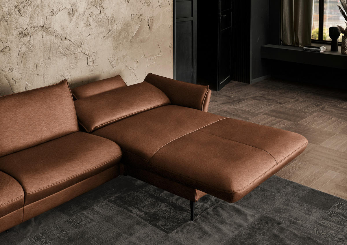 ECKSOFA in Echtleder Cognac  - Cognac/Schwarz, Design, Leder/Metall (334/172cm) - Hukla