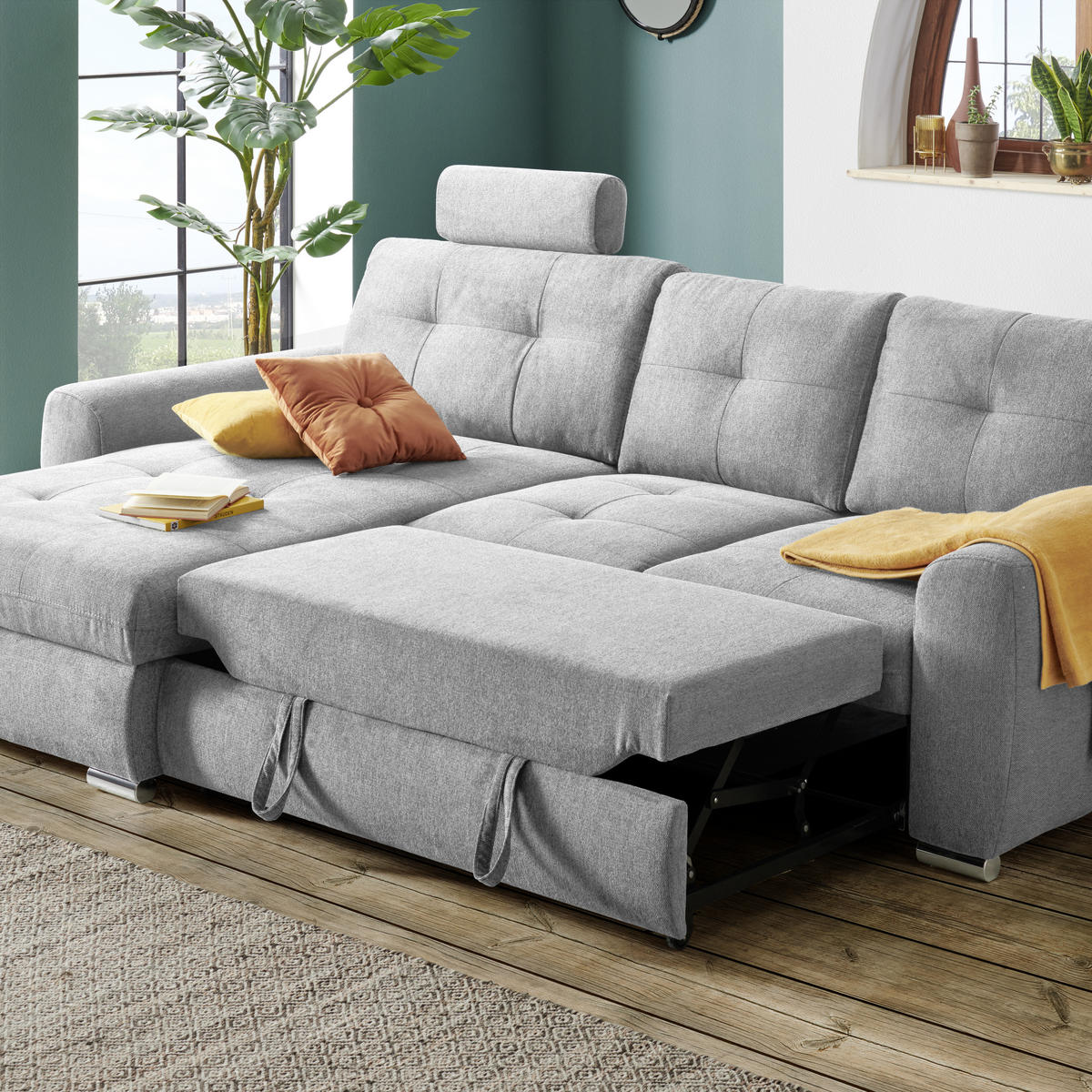ECKSOFA in Mikrofaser Hellgrau  - Chromfarben/Hellgrau, Modern, Kunststoff/Textil (276/193cm) - Hom`in