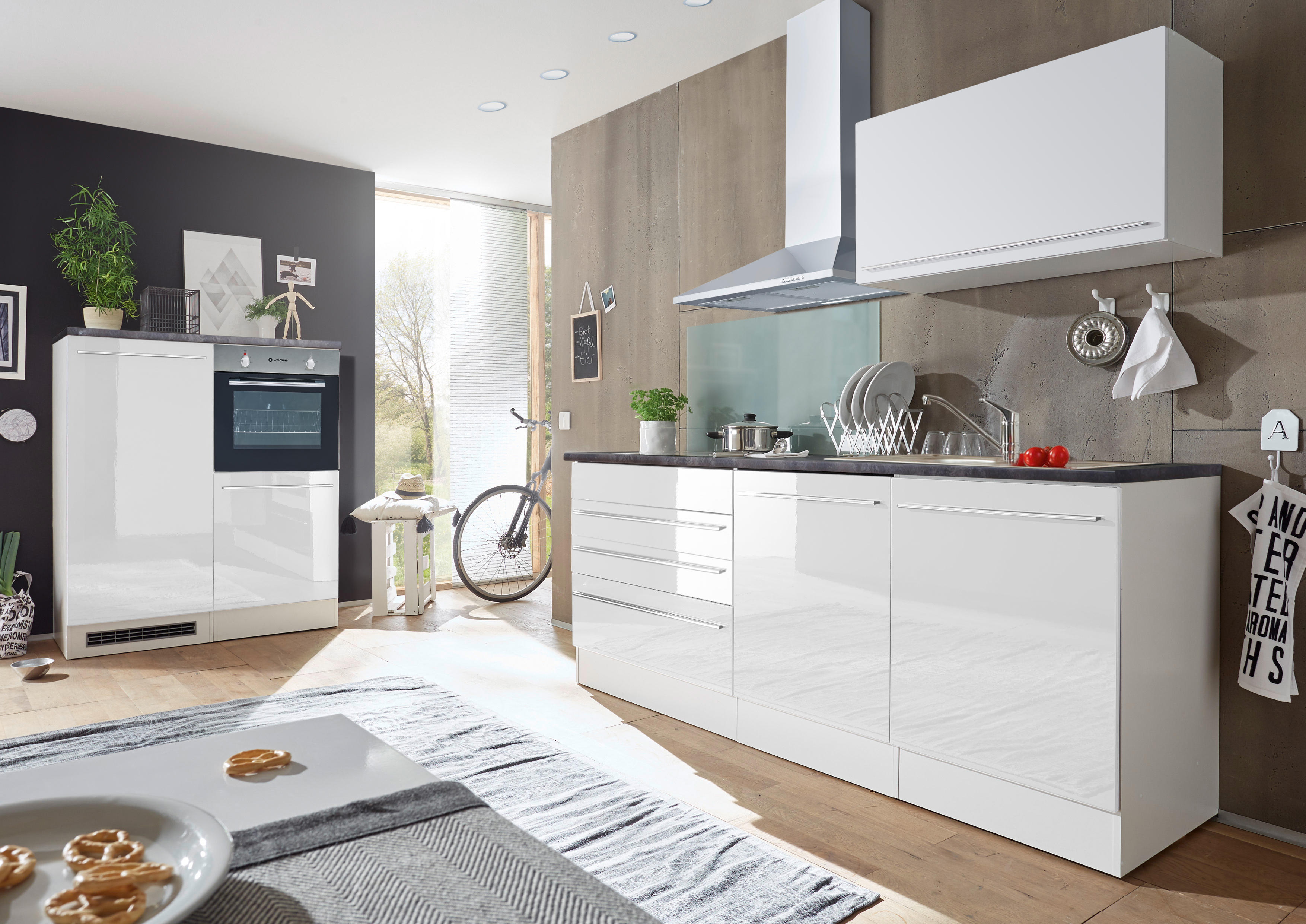 Küchenblock in Weiß E-Geräte, Spüle, Geschirrspüler   - Weiß, MODERN (200+120cm) - Carryhome