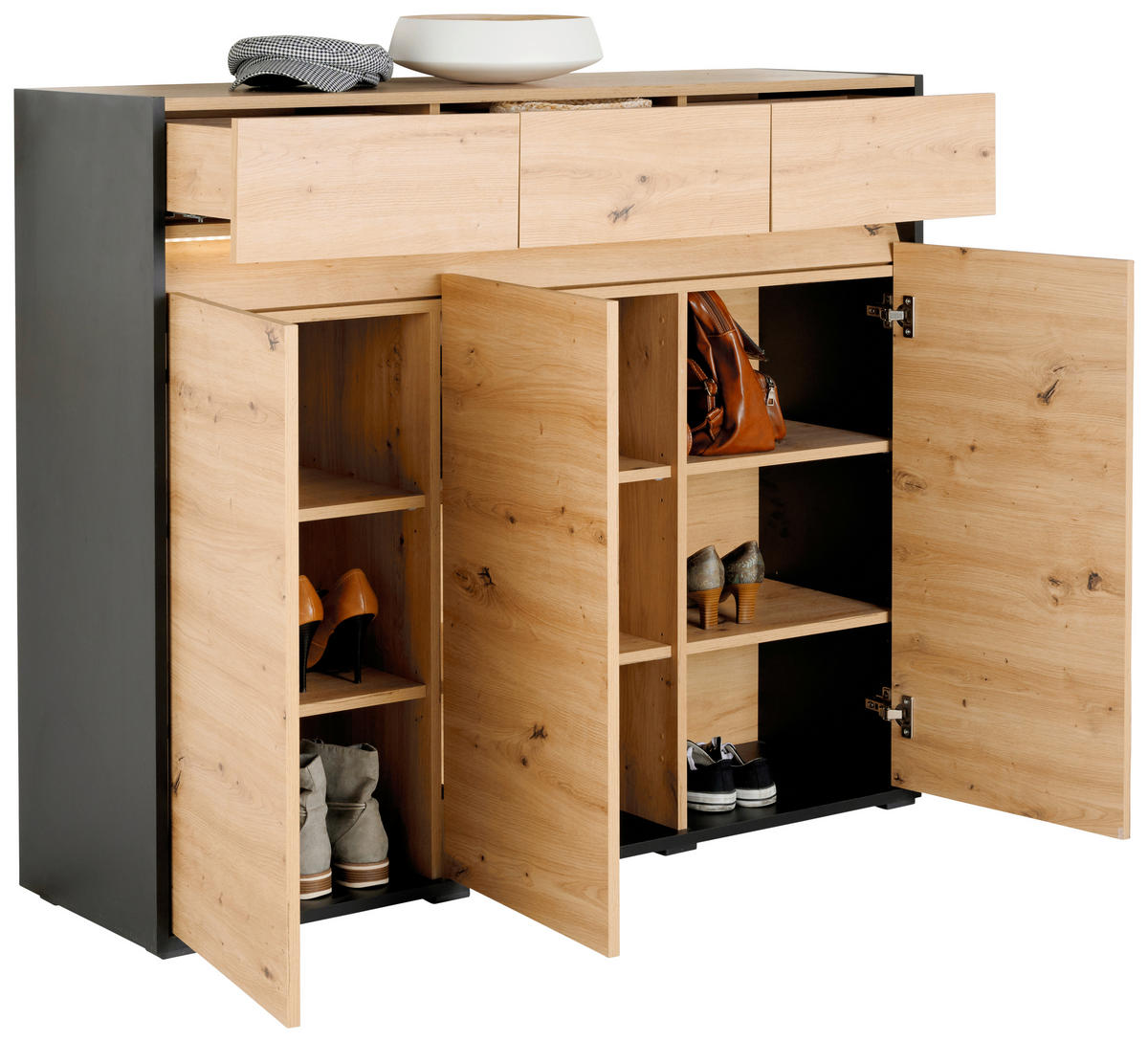 KOMMODE WELCOME  in 130,5/109/38 cm  - Schwarz/Eiche Artisan, MODERN, Holzwerkstoff/Kunststoff (130,5/109/38cm) - Boxxx
