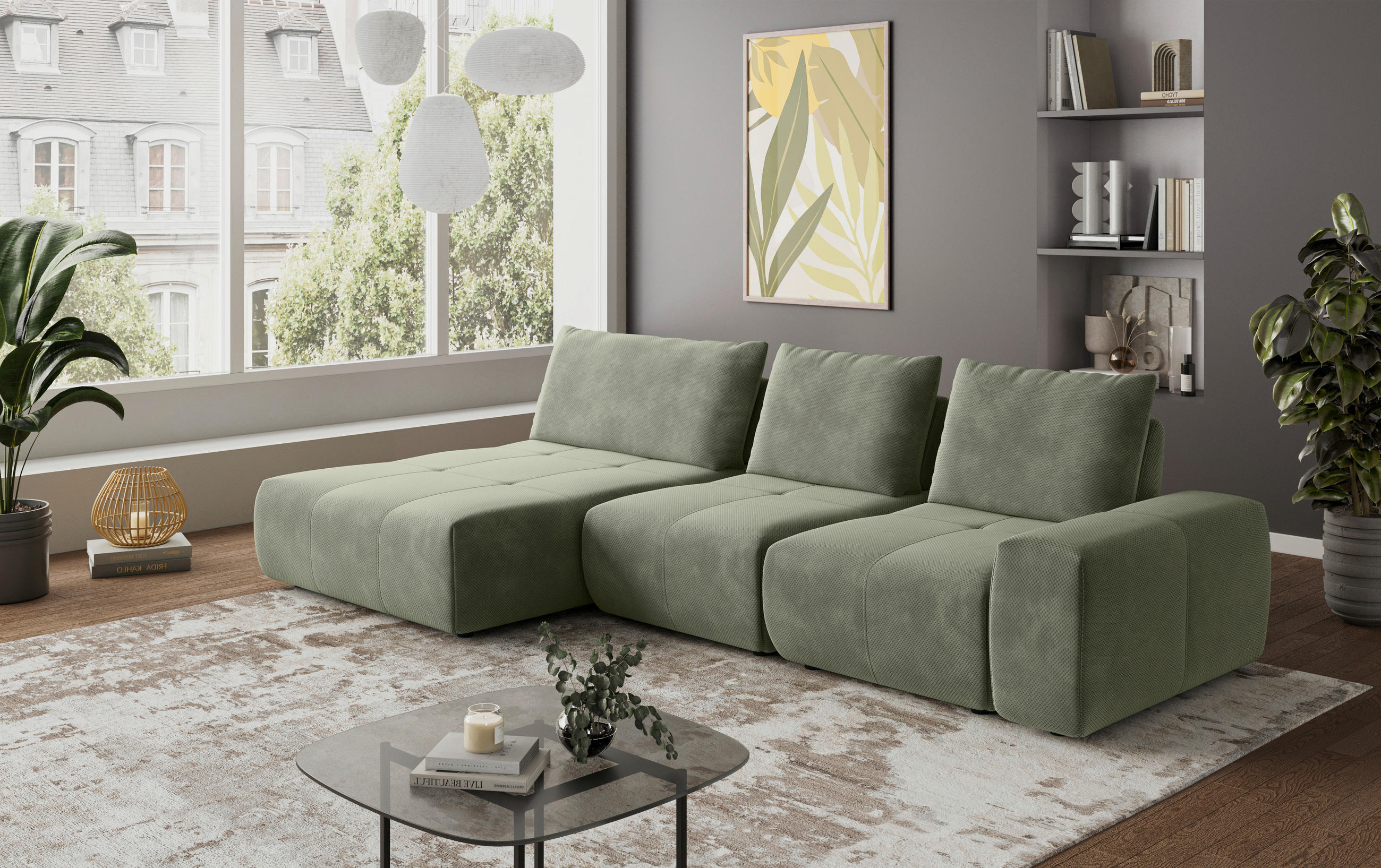 ECKSOFA in Velours Olivgrün  - Schwarz/Olivgrün, Design, Kunststoff/Textil (174/347cm) - Xora