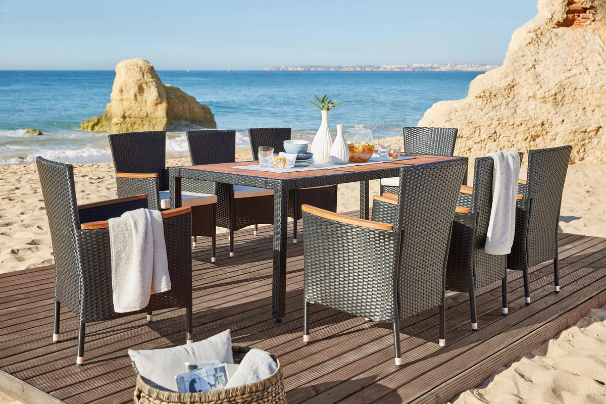 GARTENTISCHGRUPPE Akazie Hartholz Stahl  - Creme/Schwarz, Design, Holz/Kunststoff - Ambia Garden