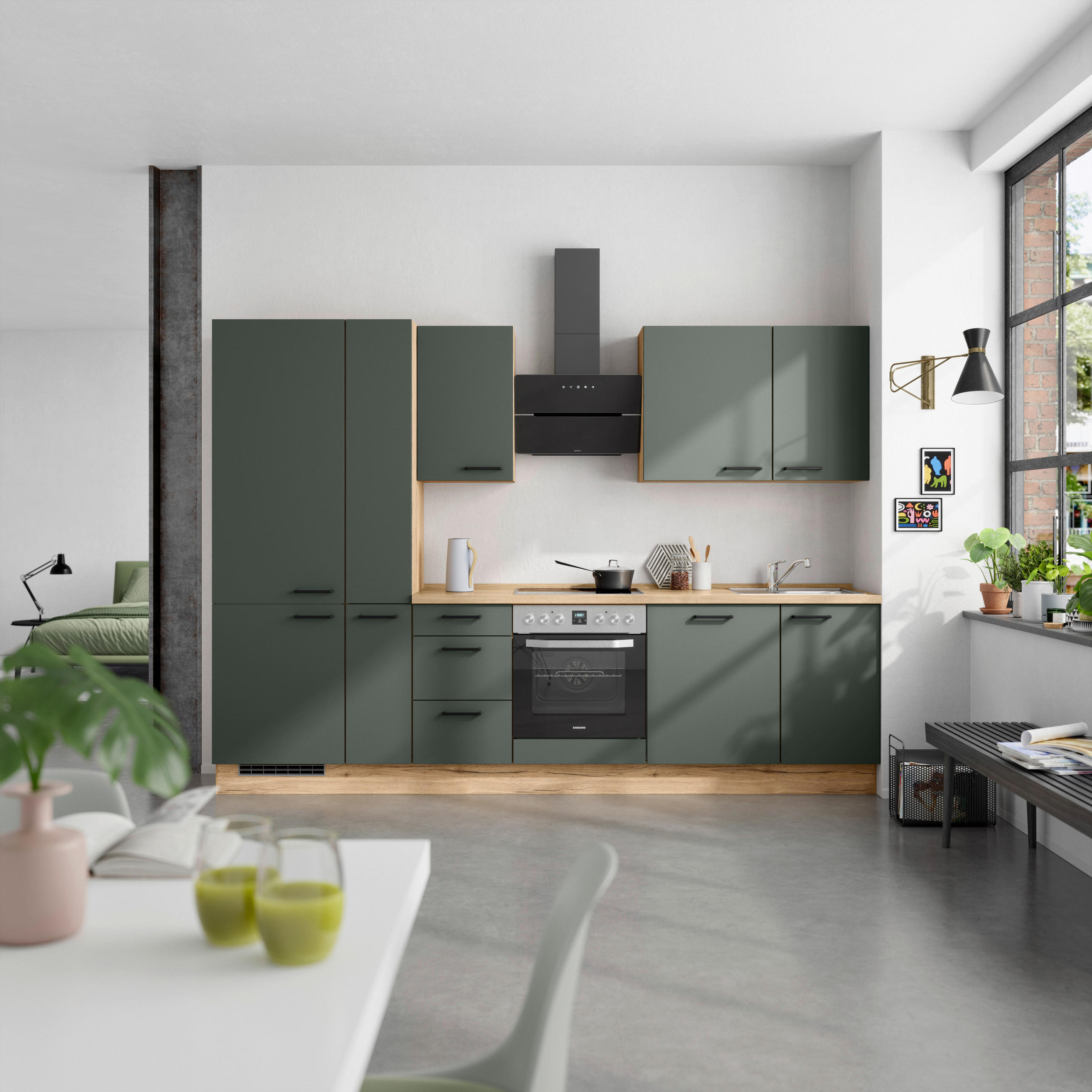 KÜCHENBLOCK Easytouch 300 cm  in Eichefarben, Dunkelgrün  - Dunkelgrün/Eichefarben, MODERN, Holzwerkstoff/Metall (300cm) - Nobilia