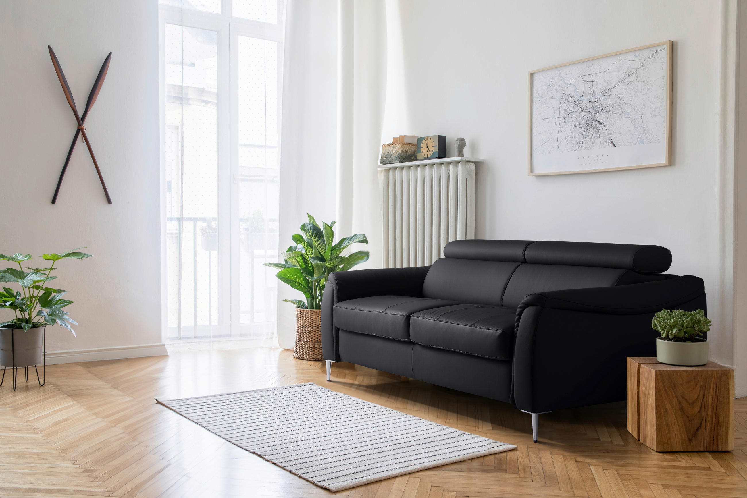 Thumbnail - Mid.you Schlafsofa Pafos, Schwarz, Textil, Leder, Echtleder, Rindleder, 3-Sitzer, 203x77-98x103 cm, Made in EU, Lederaus...