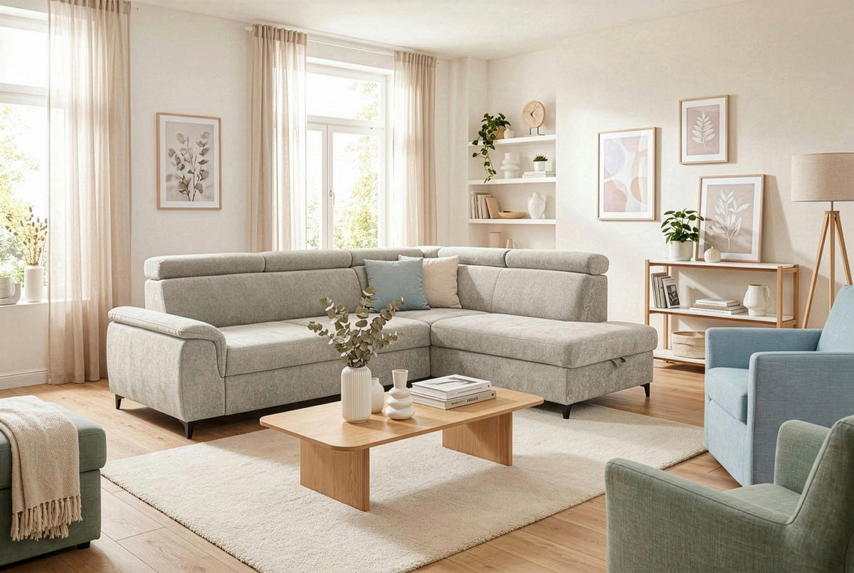 ECKSOFA Naturfarben Chenille Bettkasten, Schlaffunktion, Rücken echt, Kopfteilverstellung, Liegefläche im Originalstoff  - Schwarz/Naturfarben, KONVENTIONELL, Textil/Metall (265/206cm) - Carryhome