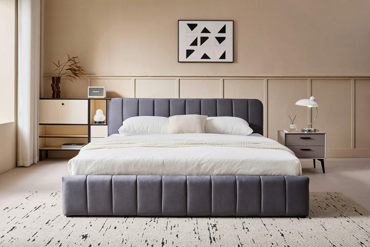 POLSTERBETT 140/200 cm, inkl. gepolstertes Kopfteil, Lattenrost, Bettkasten,  in Grau  - Schwarz/Naturfarben, Design, Holz/Kunststoff (140/200cm) - Boxxx