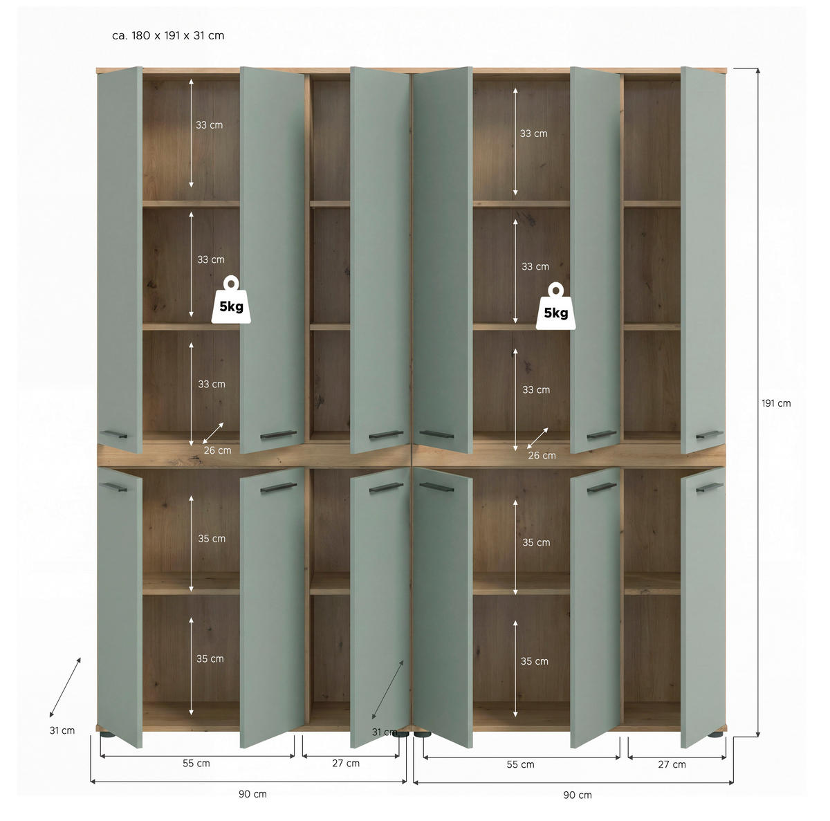 BADEZIMMER 2-teilig  in 180 cm  - Salbeigrün/Schwarz, Trend, Holzwerkstoff/Kunststoff (180cm) - MID.YOU
