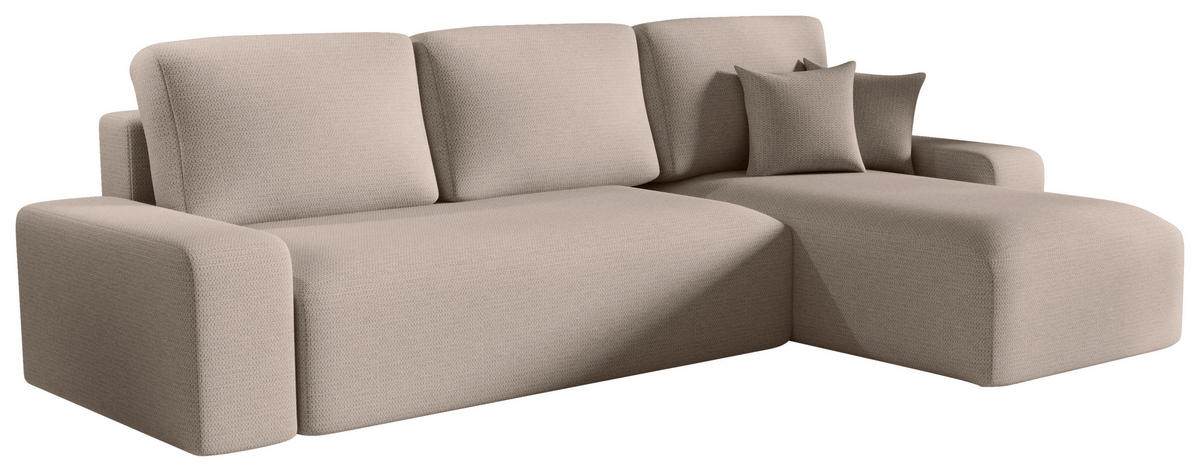ECKSOFA Beige Bouclé Zierkissen, Rückenkissen, Bettkasten, Schlaffunktion, Rücken echt, Stauraum  - Beige/Schwarz, MODERN, Kunststoff/Textil (248/143cm) - Xora