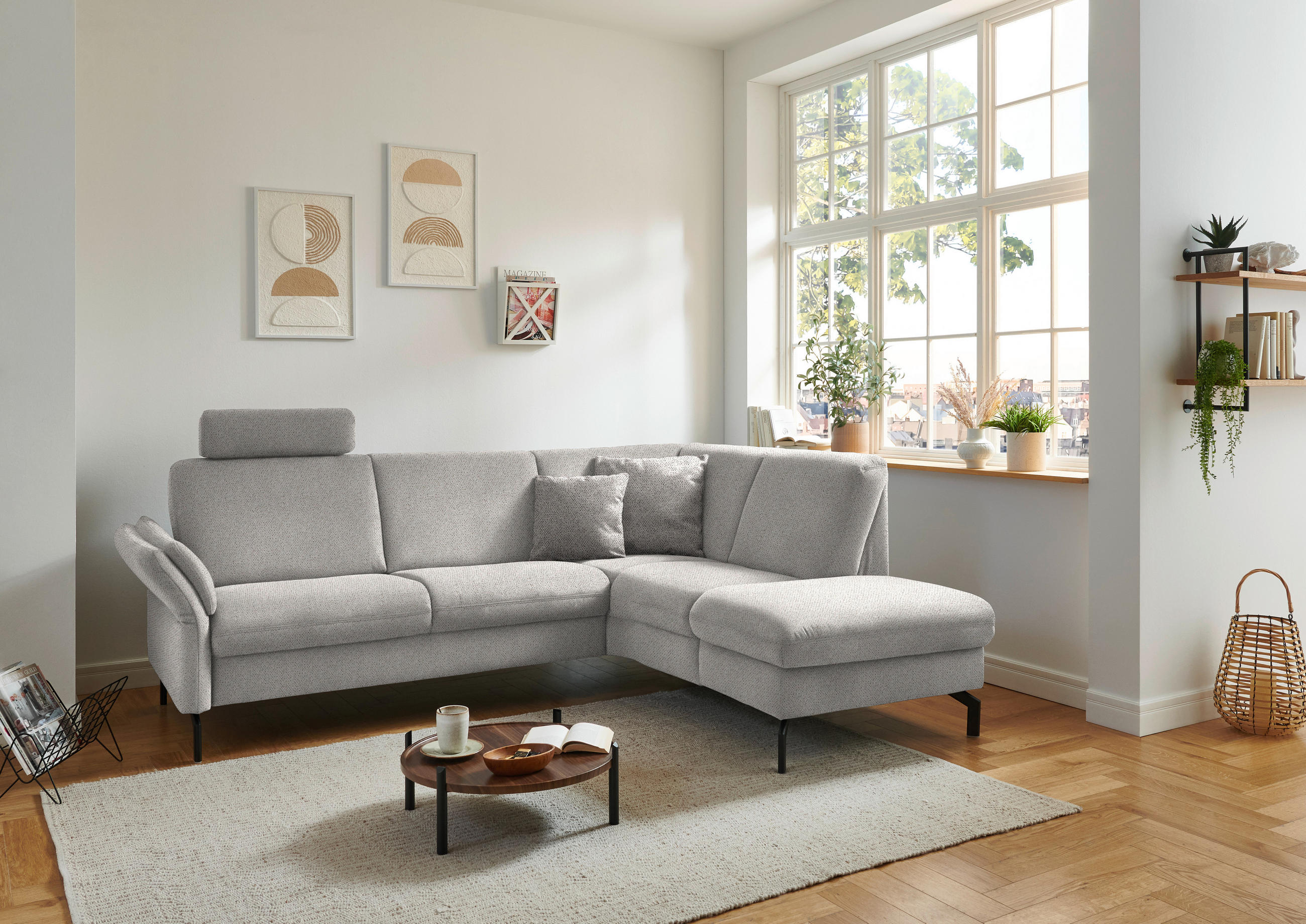 ECKSOFA in Flachgewebe Ecru  - Ecru/Schwarz, Konventionell, Textil/Metall (241/190cm) - Beldomo Comfort
