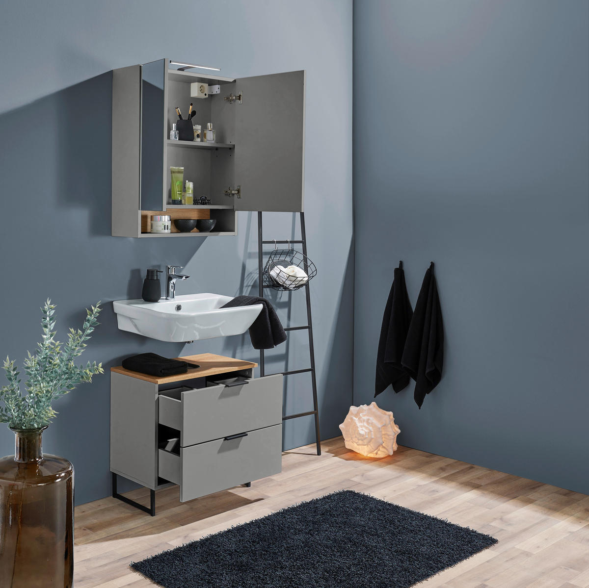 WASCHBECKENUNTERSCHRANK 60/60/35 cm  - Eichefarben/Schwarz, KONVENTIONELL, Holzwerkstoff/Metall (60/60/35cm) - home24