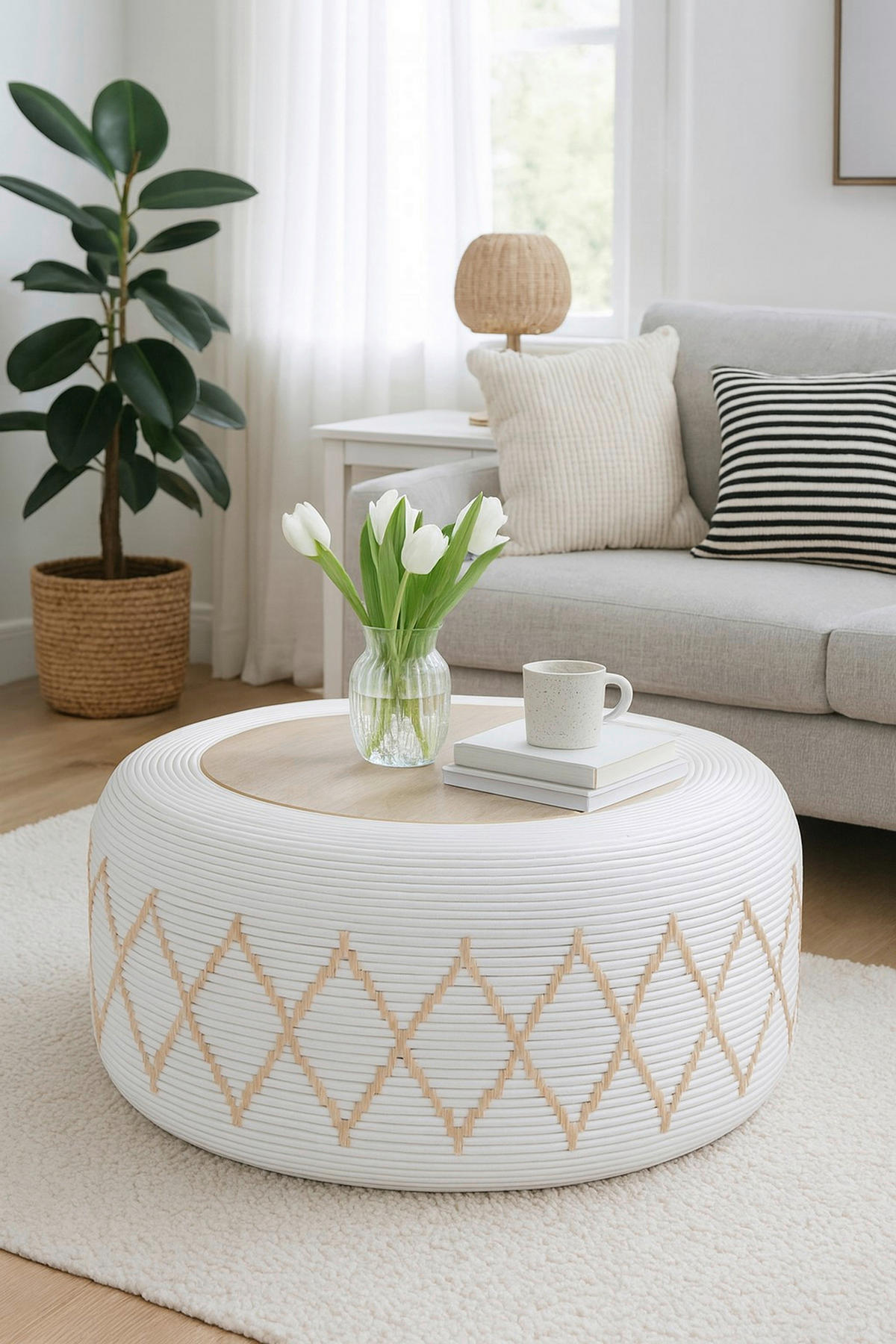 COUCHTISCH Rattan massiv 46/73/59 cm rund Weiß  - Weiß, Design, Holz (46/73/59cm) - MID.YOU
